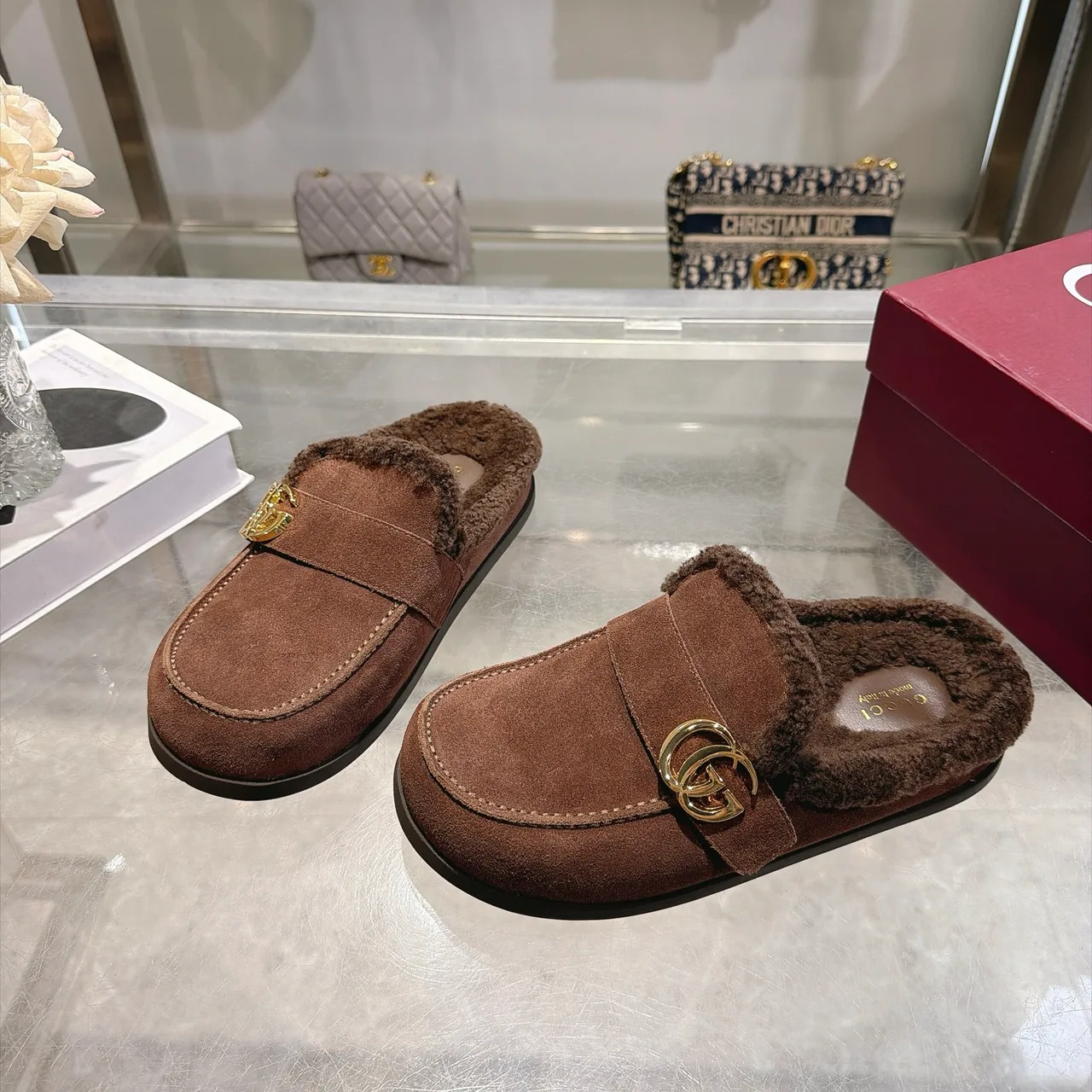 Gucci Cowhide Wool Suede-Look Buckle Mules in Brown · view 4