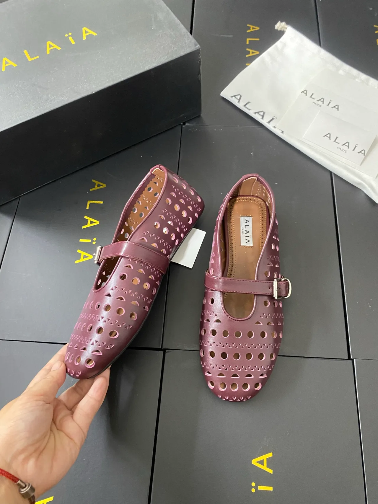 Alaia Cowhide Sheepskin Smooth Buckle Ballet Flats in Pink · view 6