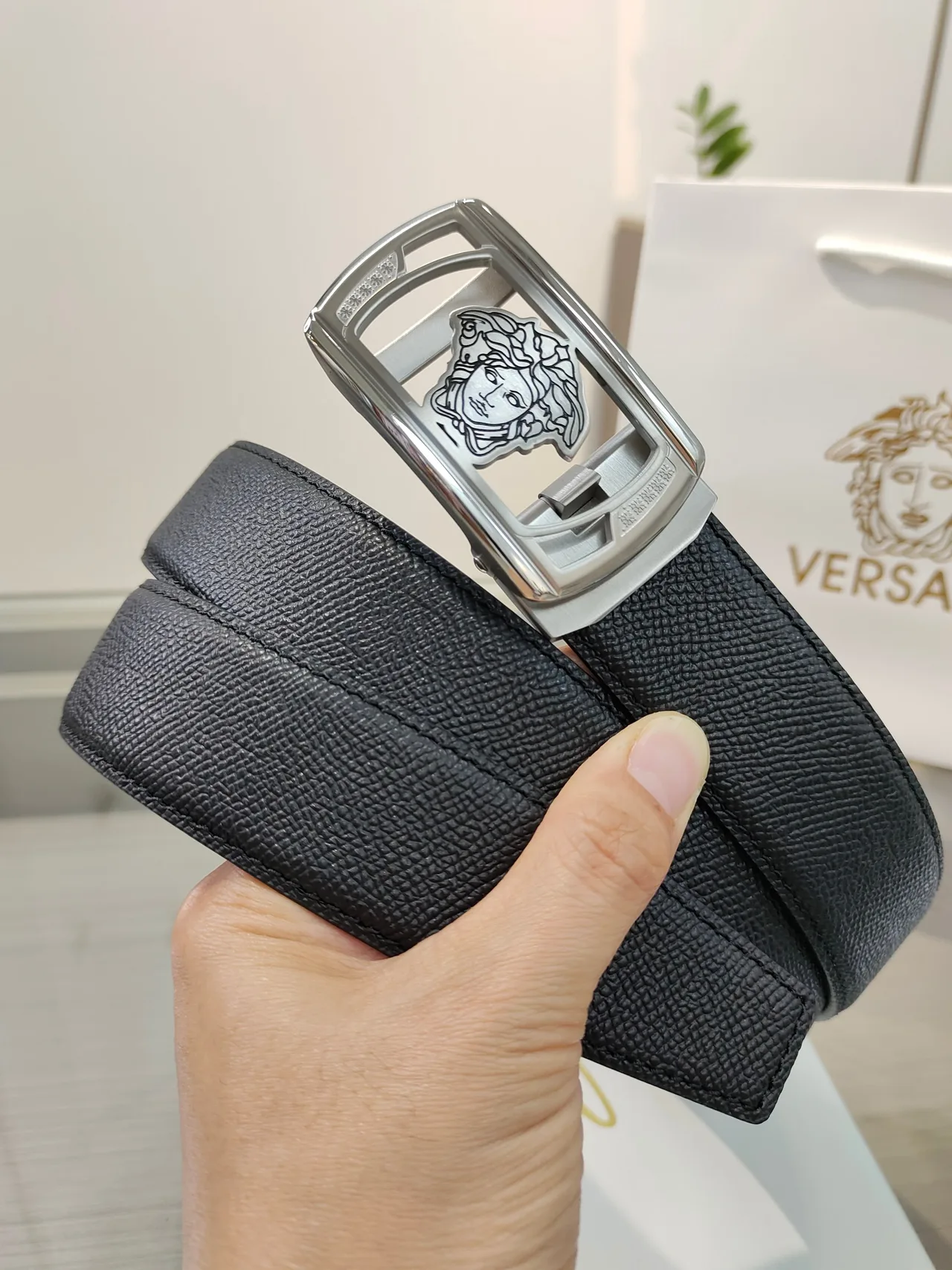 Versace Calfskin Glossy Belt in Black · view 3
