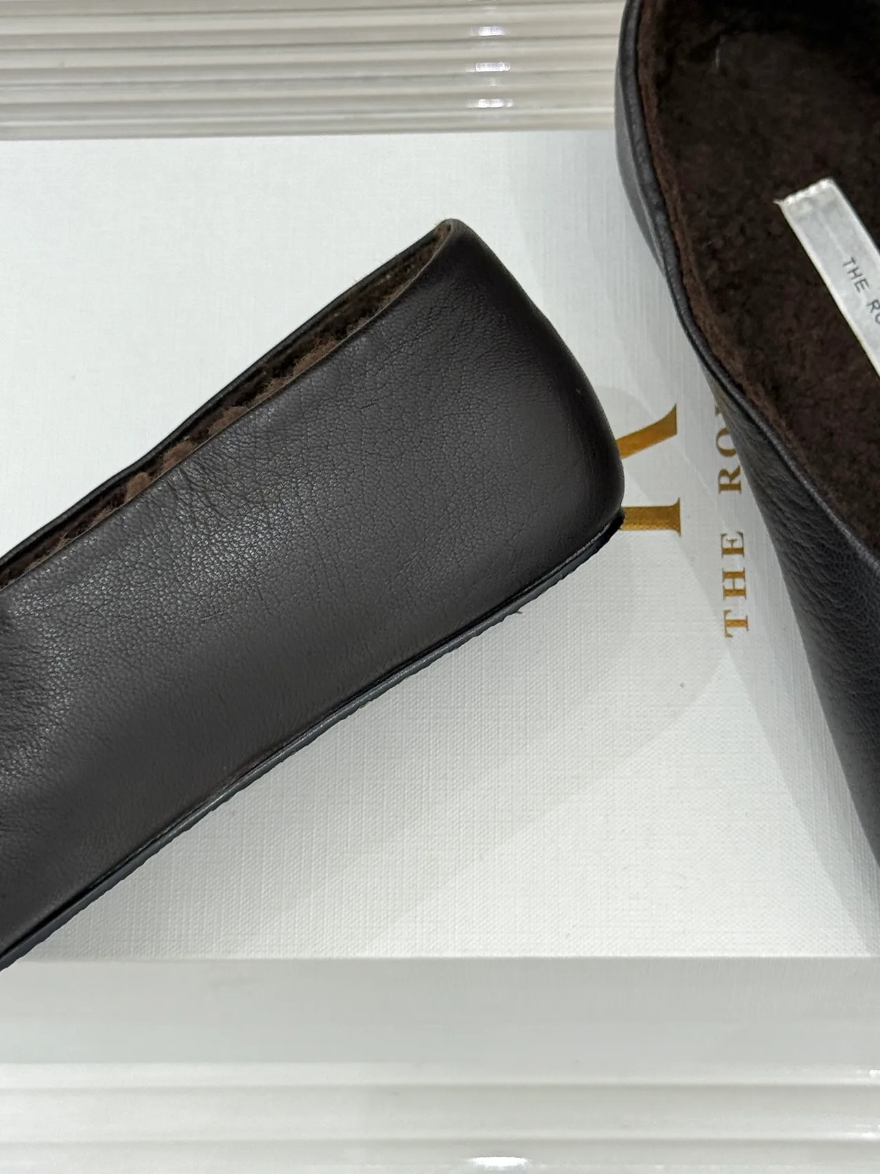 The Row Glossy Round-Toe Slippers in Brown · view 6