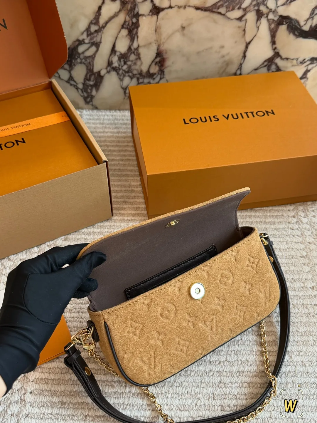 Louis Vuitton Suede Monogram Clutch in Tan · view 8