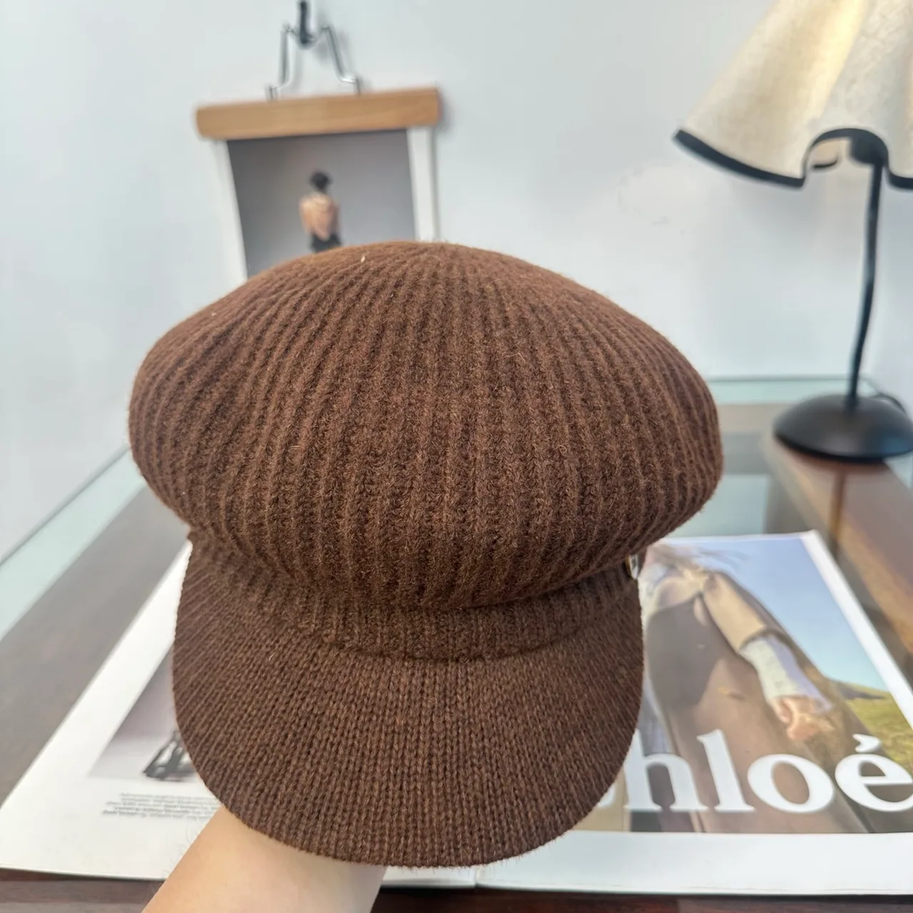 Miu Miu Ribbed Knit Brimmed Cap in Brown · view 5