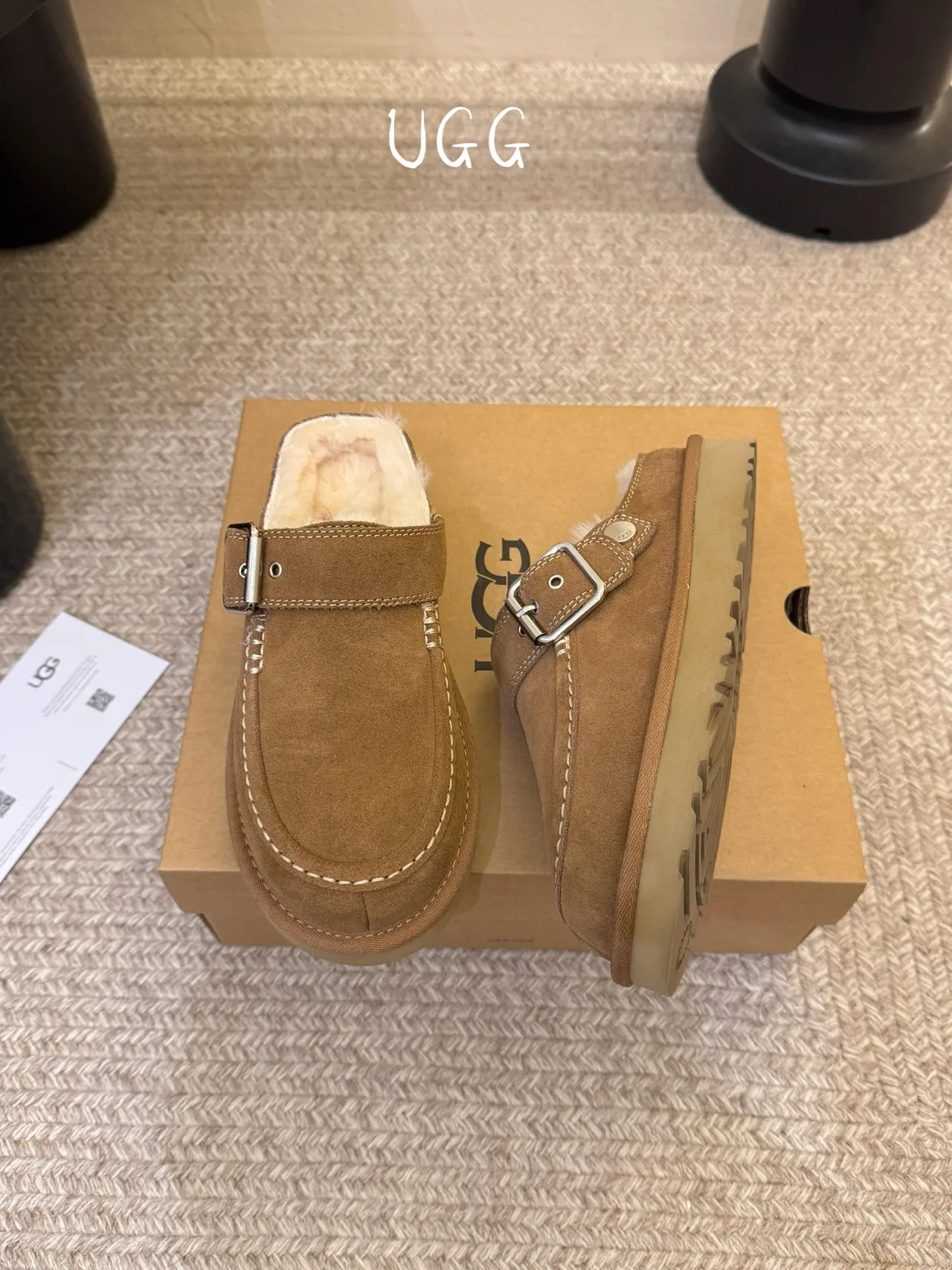 UGG Wool Suede-Look Buckle Lined Loafer Mules in Brown · view 2