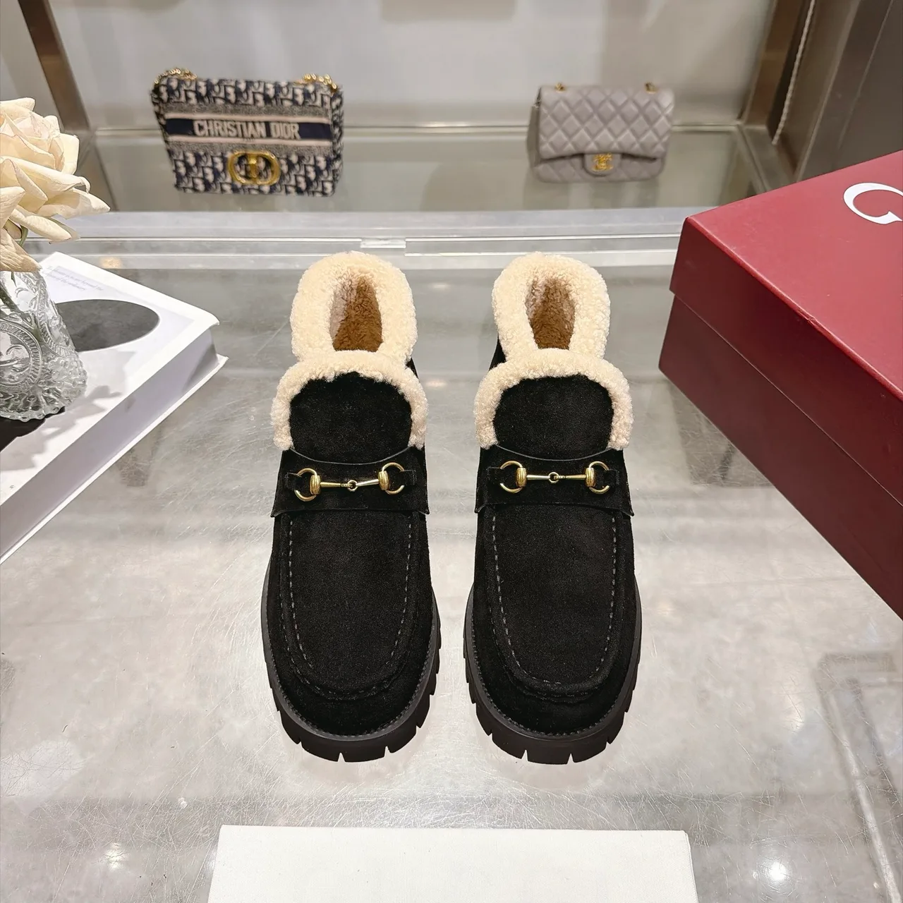 Cowhide Suede-Look Buckle Horsebit Lined Ankle Boots in Black · view 1