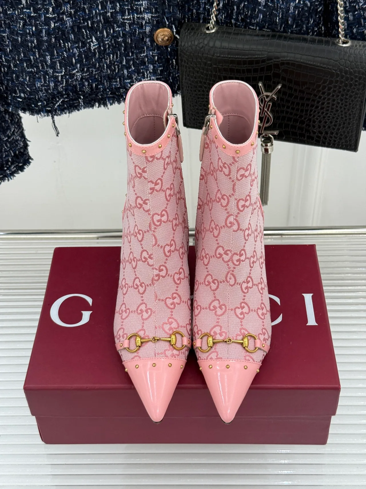 Gucci Sheepskin Canvas Ankle Boots in Pink · view 4