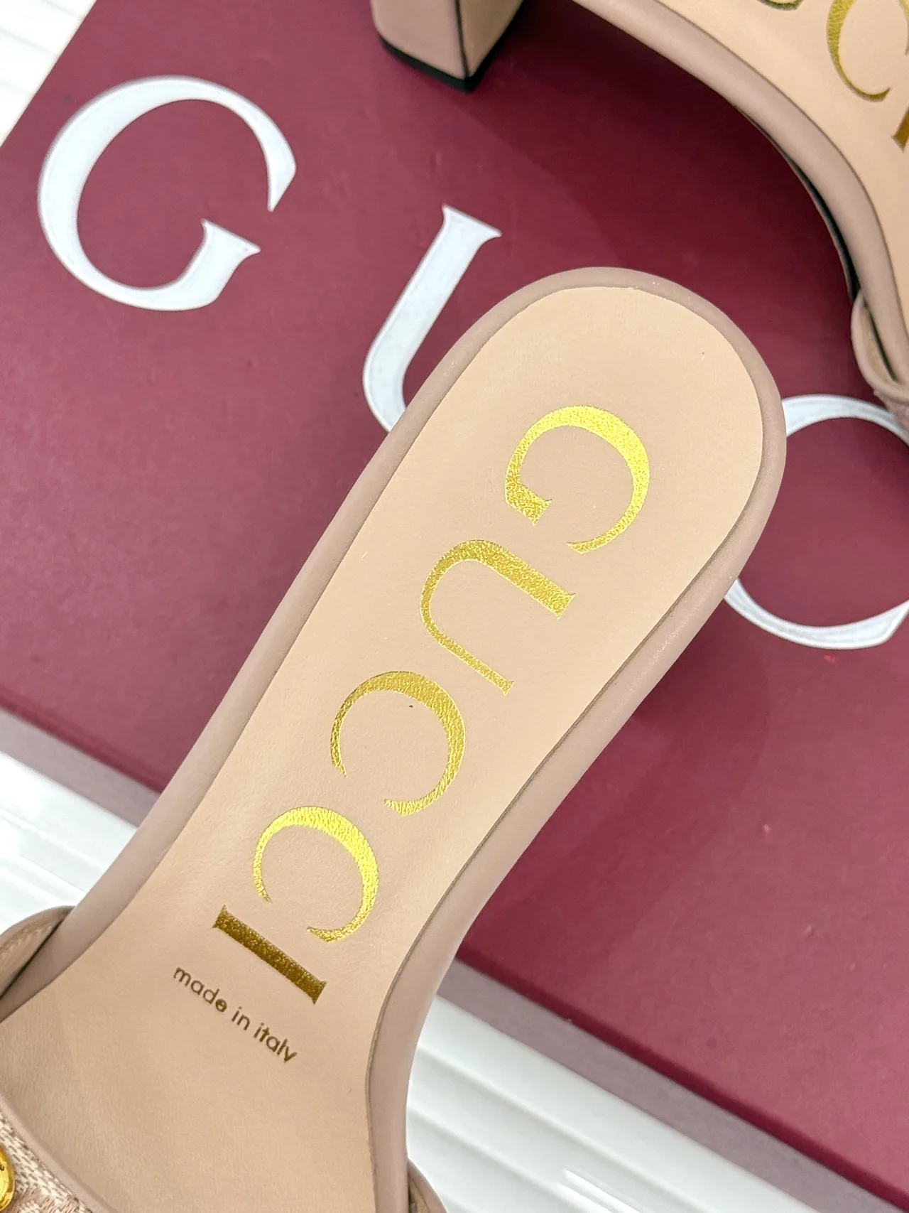 Gucci Canvas Denim Buckle Heeled Mules in Beige · view 8