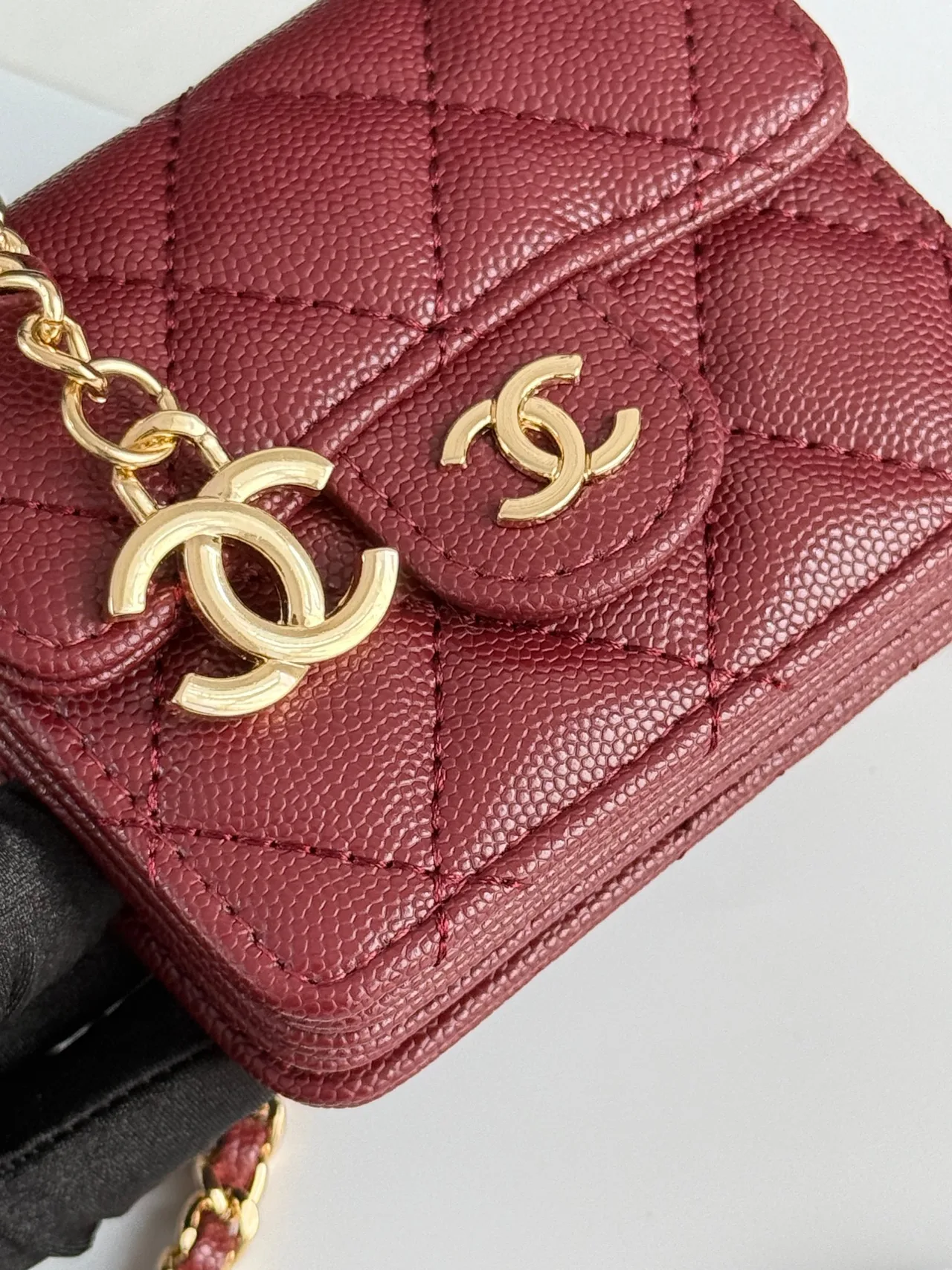 Chanel Quilted Chain Mini Wallet in Burgundy · view 5