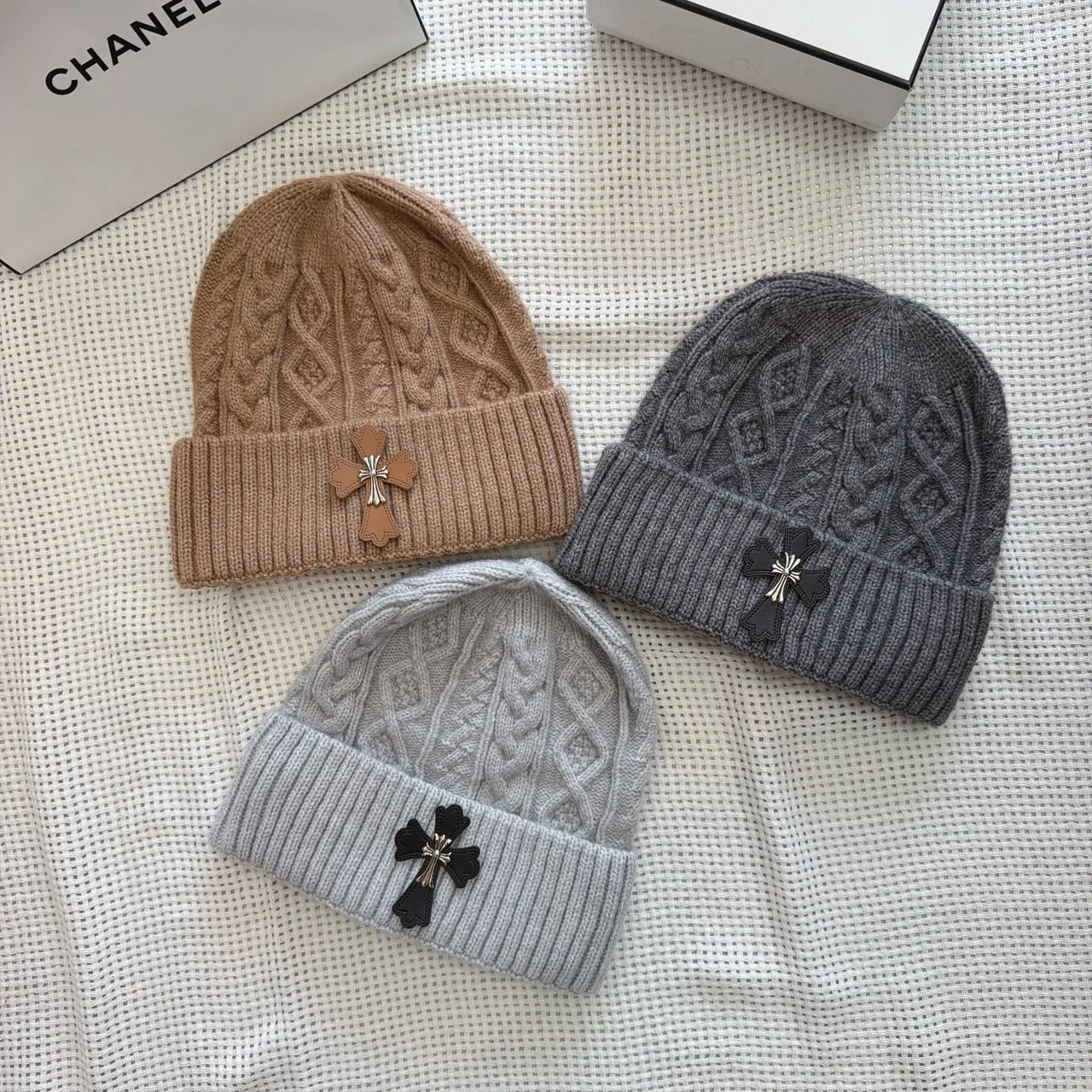 Chrome Hearts Cross-patch knit beanie in Black & White & Cream & Grey & Tan · view 7