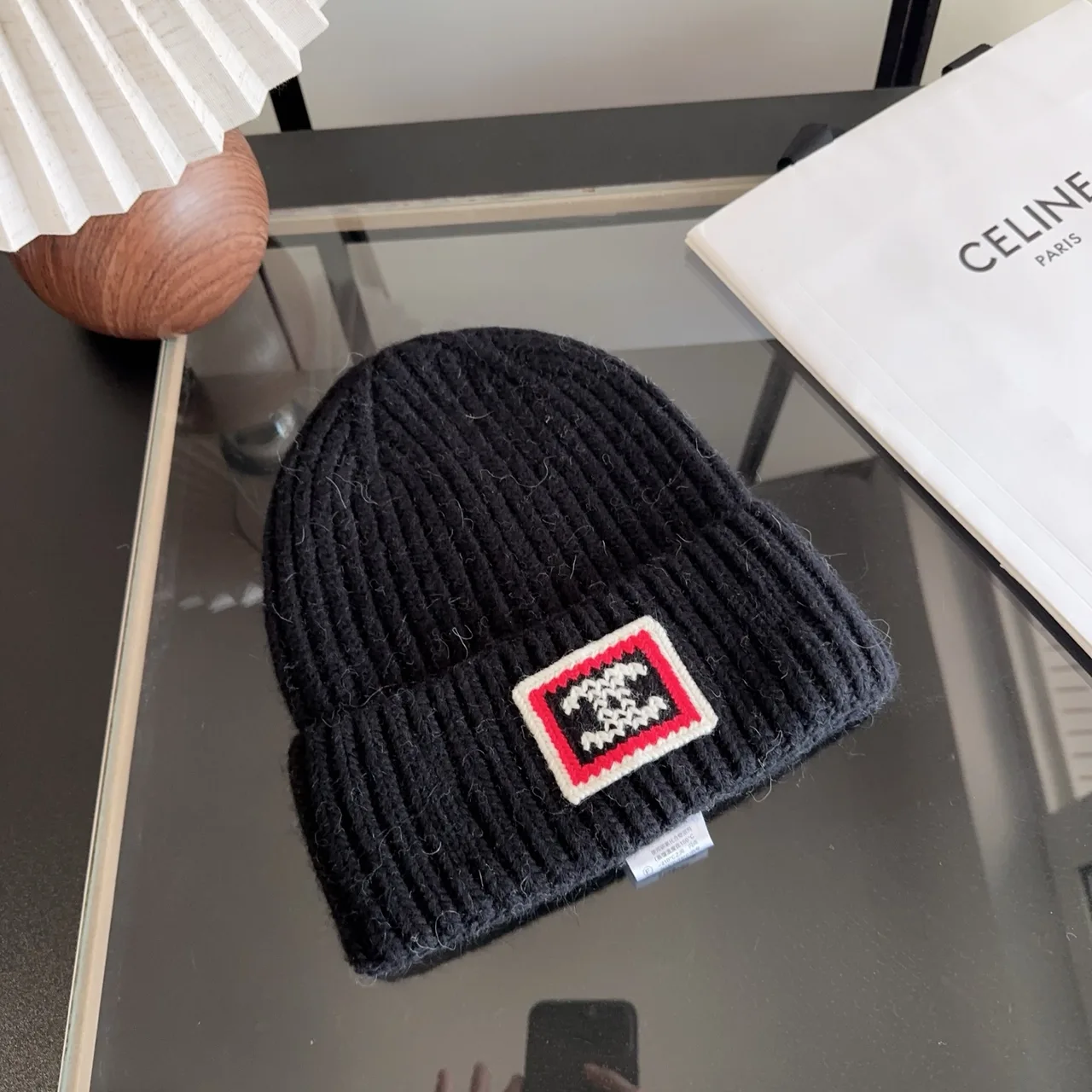 Celine Ribbed Beanie in Black · view 4