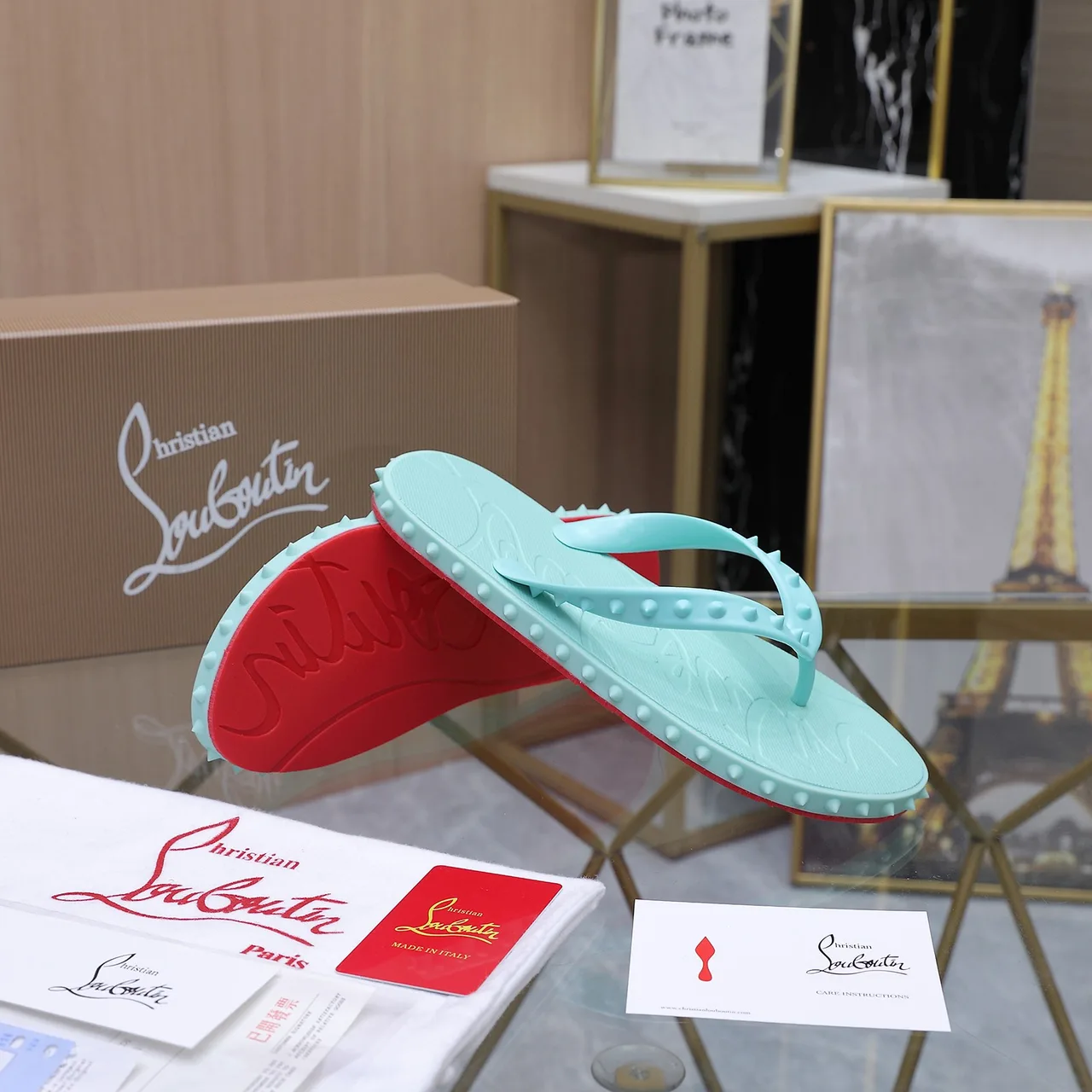 Christian Louboutin Studded Flip-Flops in Green · view 4