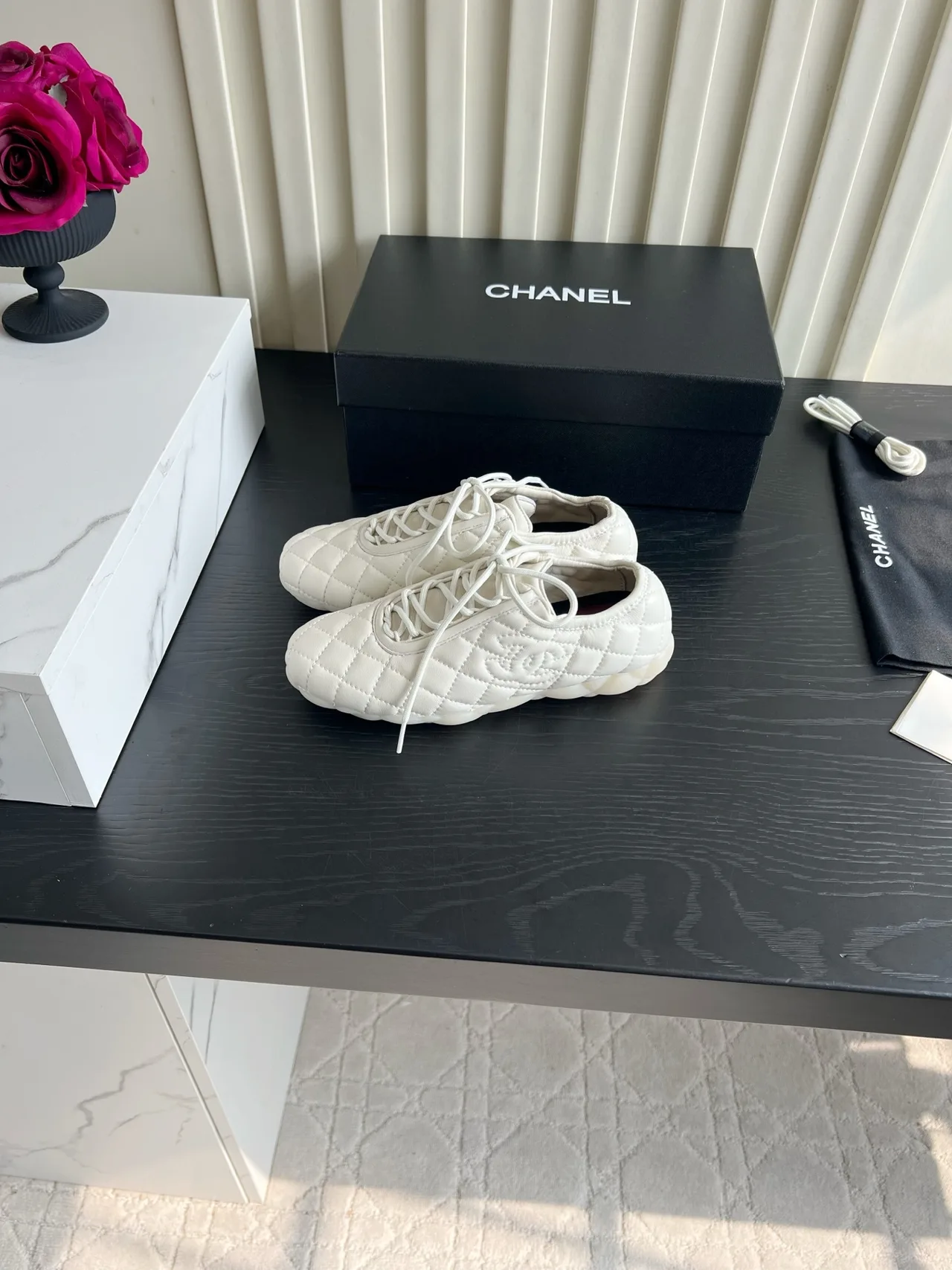 Chanel Sheepskin Quilted Sneakers in White · view 4