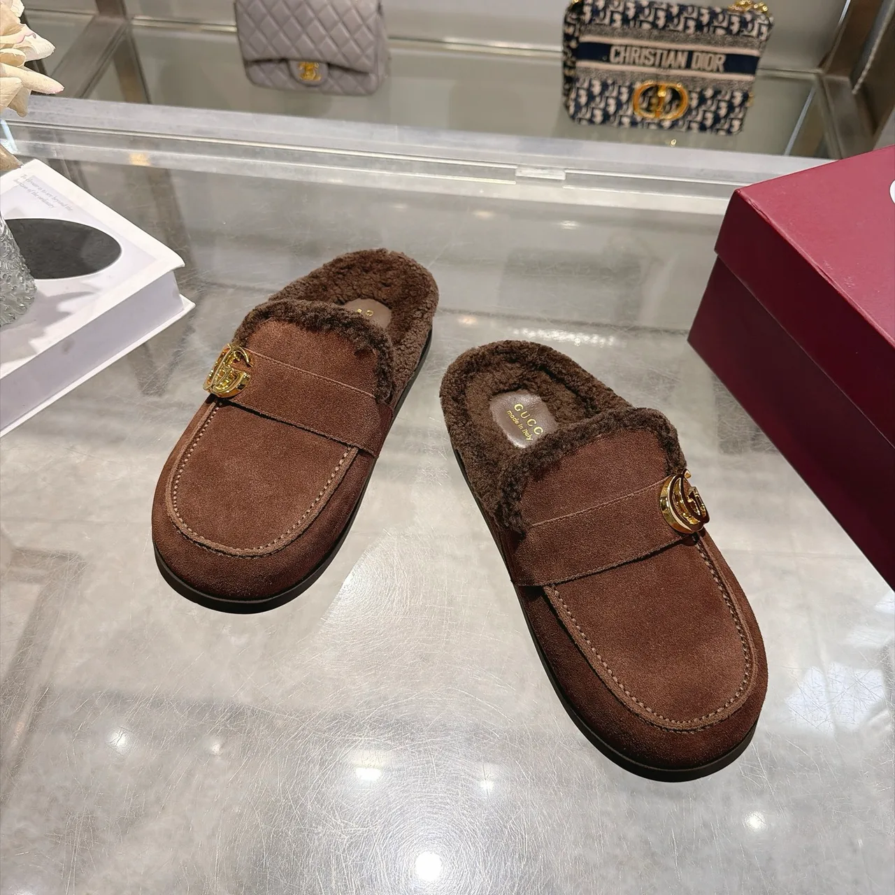 Gucci Cowhide Wool Suede-Look Buckle Mules in Brown · view 3