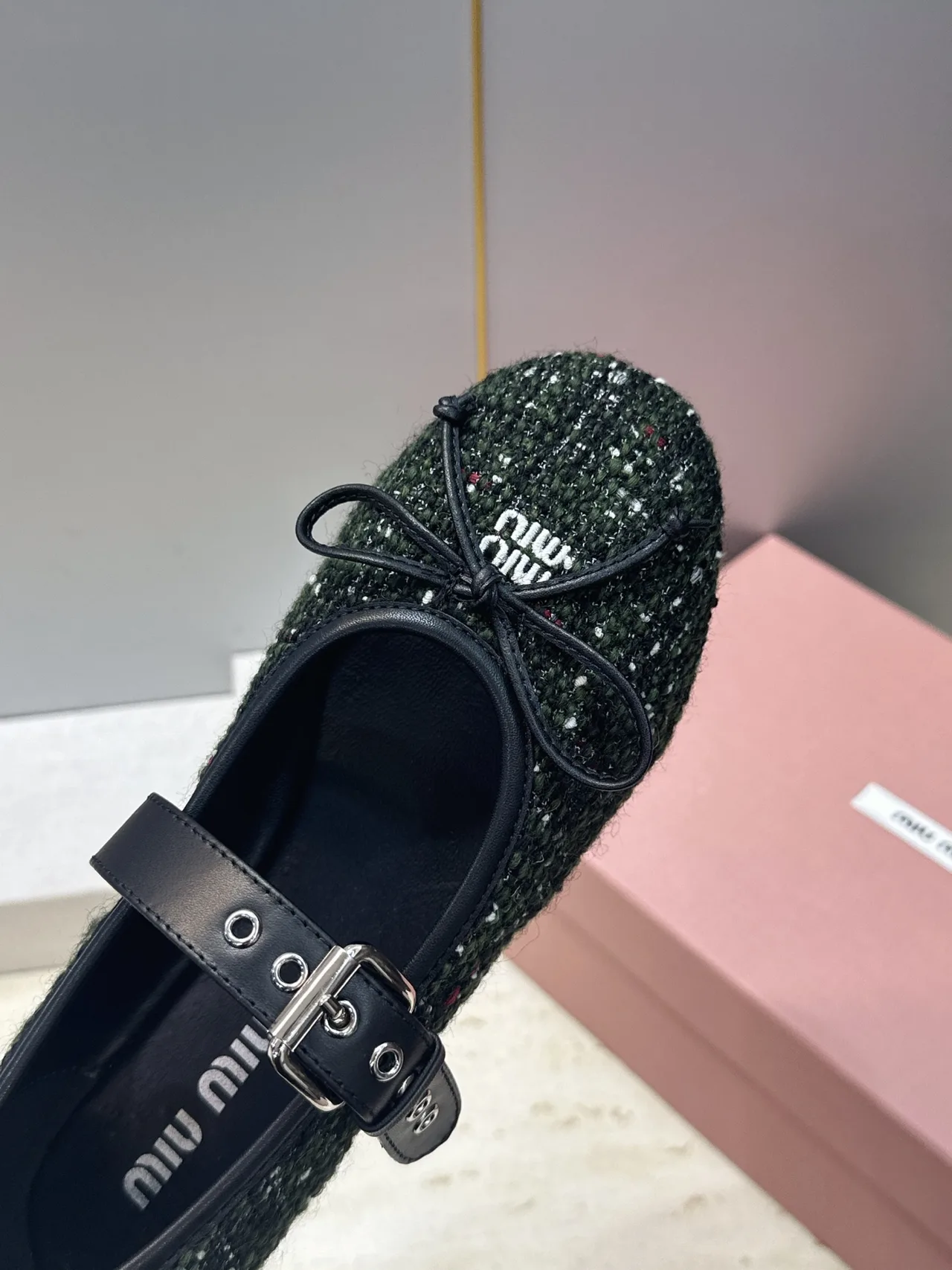 Miu Miu Calfskin Smooth Bow Buckle Mary Jane Flats in Green · view 7