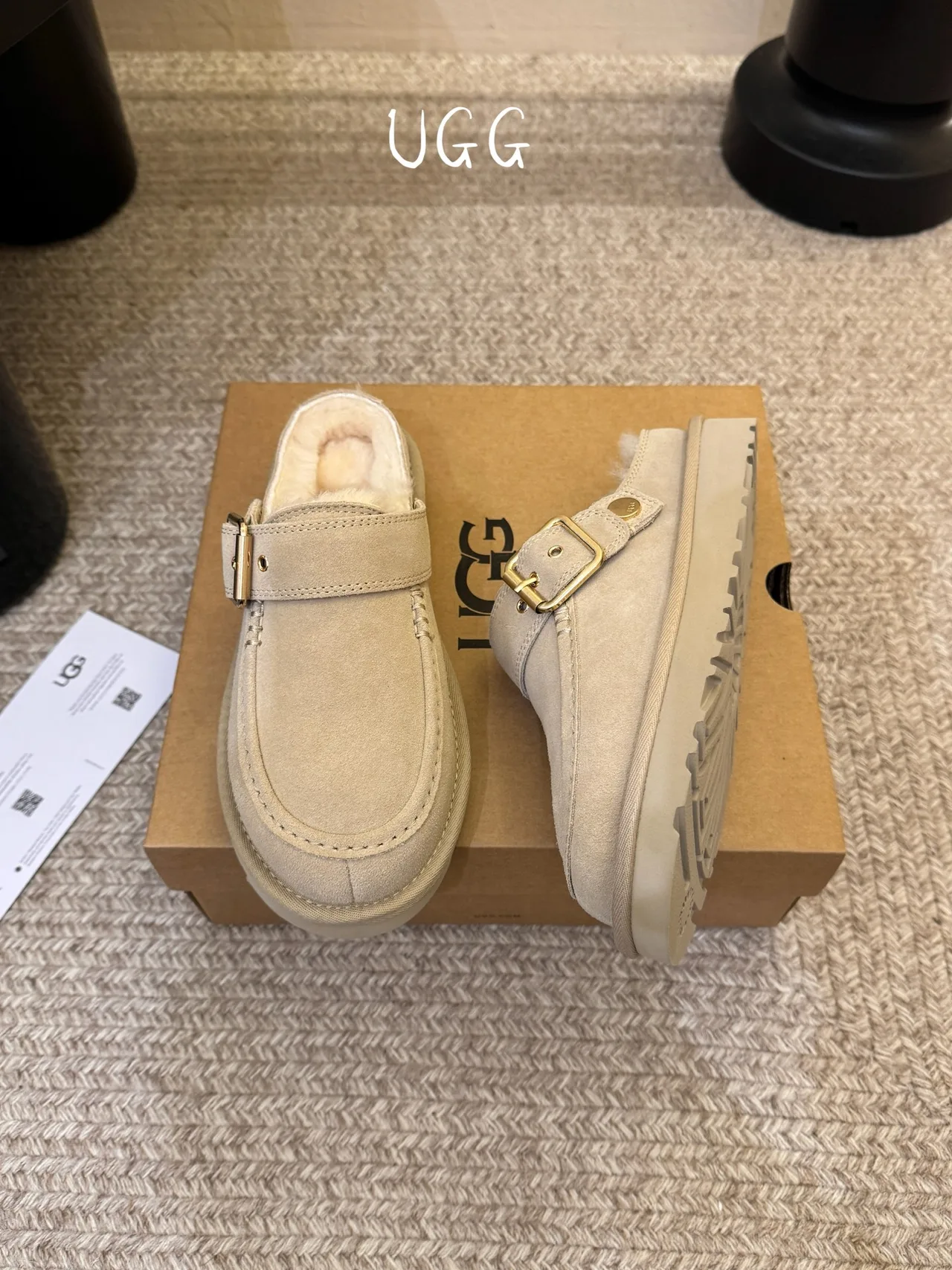 UGG Wool Suede-Look Buckle Lined Loafer Mules in Beige · view 2