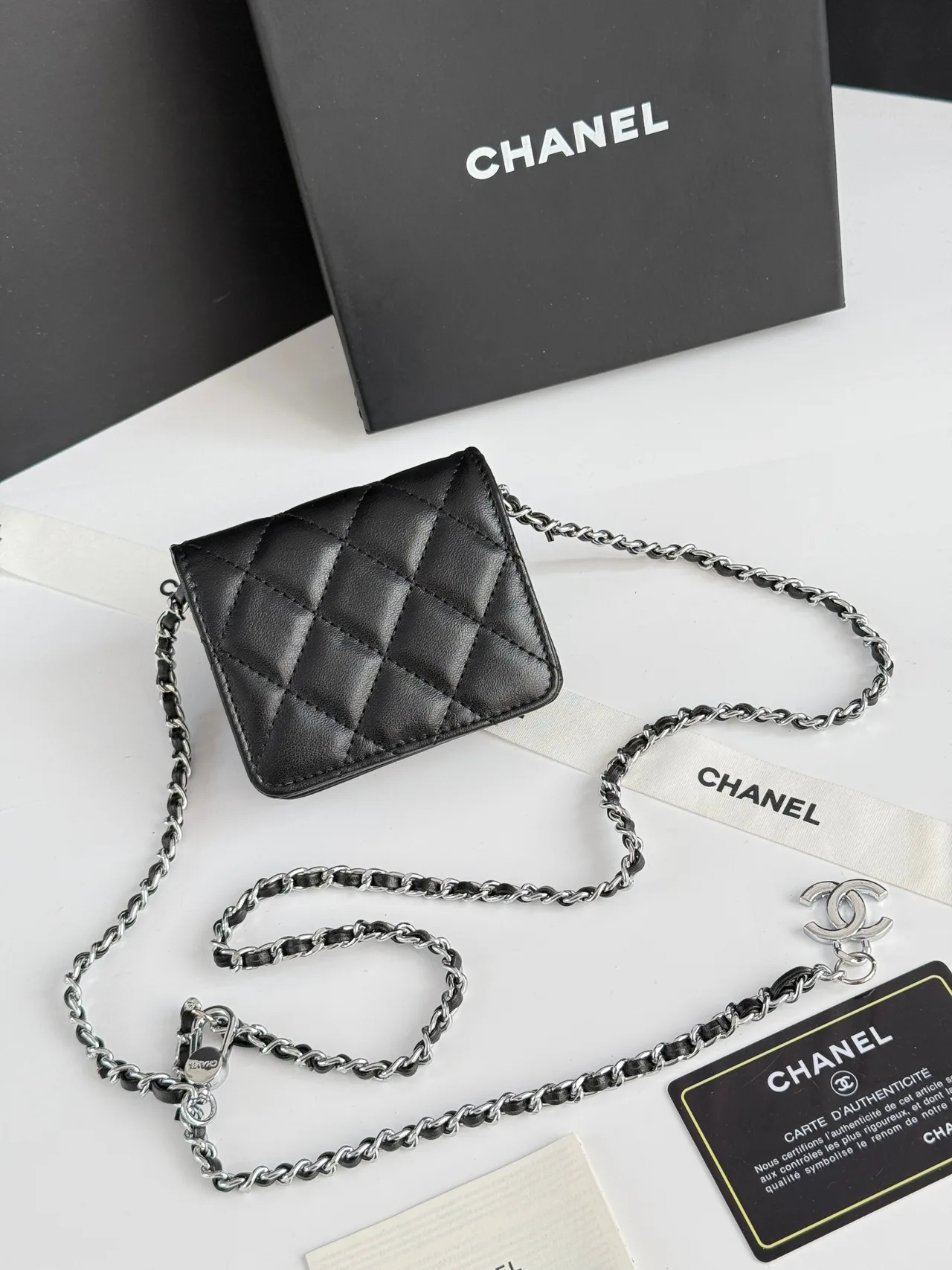 Chanel Glossy Quilted Mini Chain Bag in Black · view 3