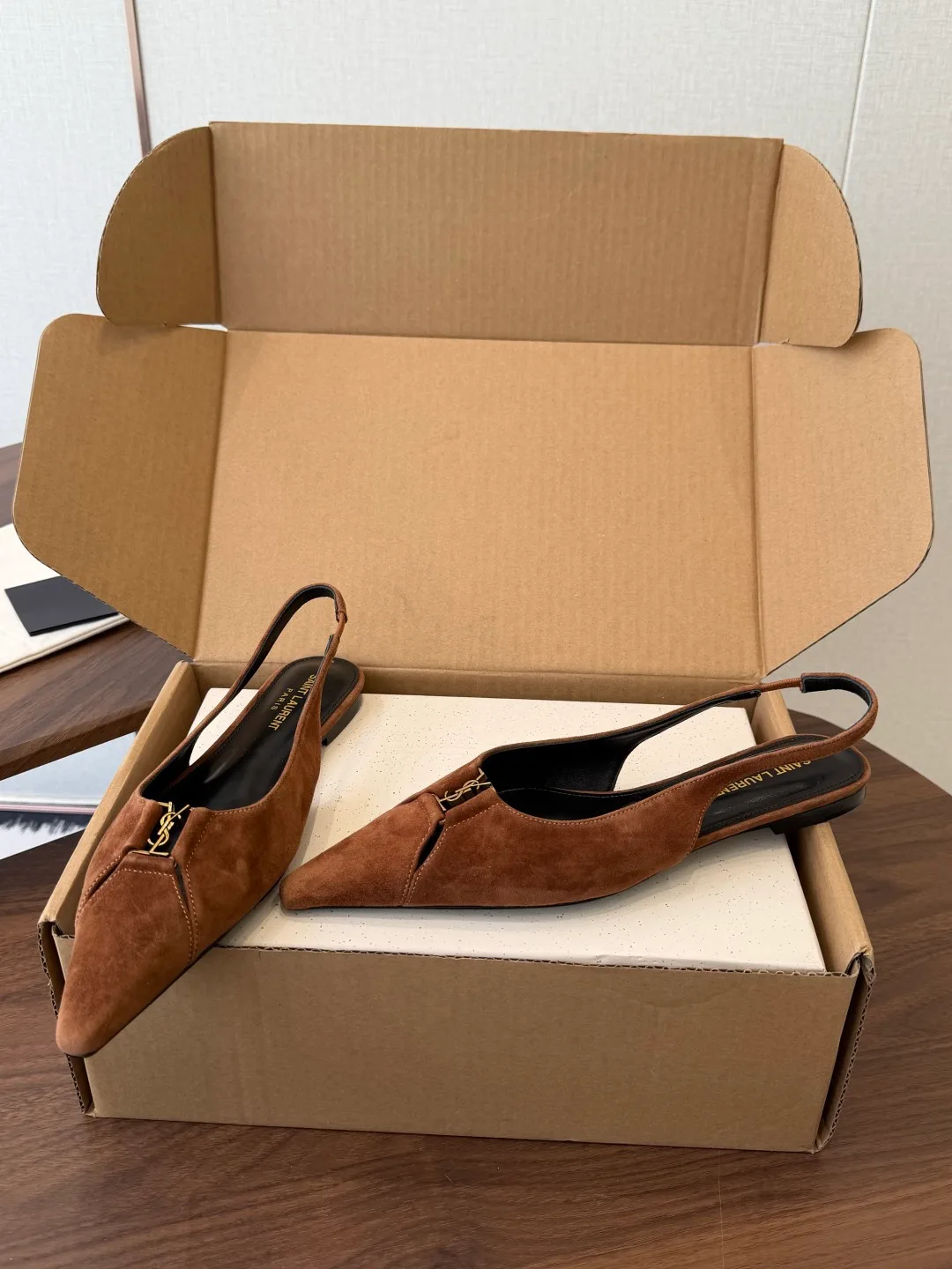 Saint Laurent Sheepskin Suede-Look Pointed-Toe Slingback Shoes in Brown · view 4