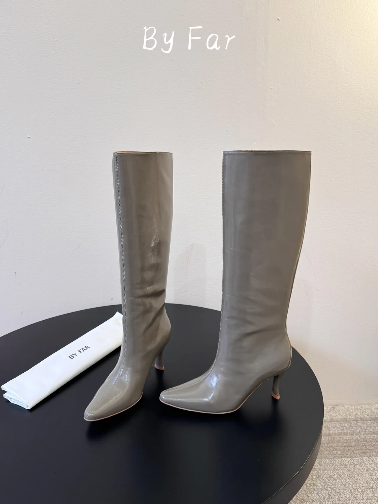 By Far Glossy Pointed-Toe Knee-High Boots in Grey · view 3