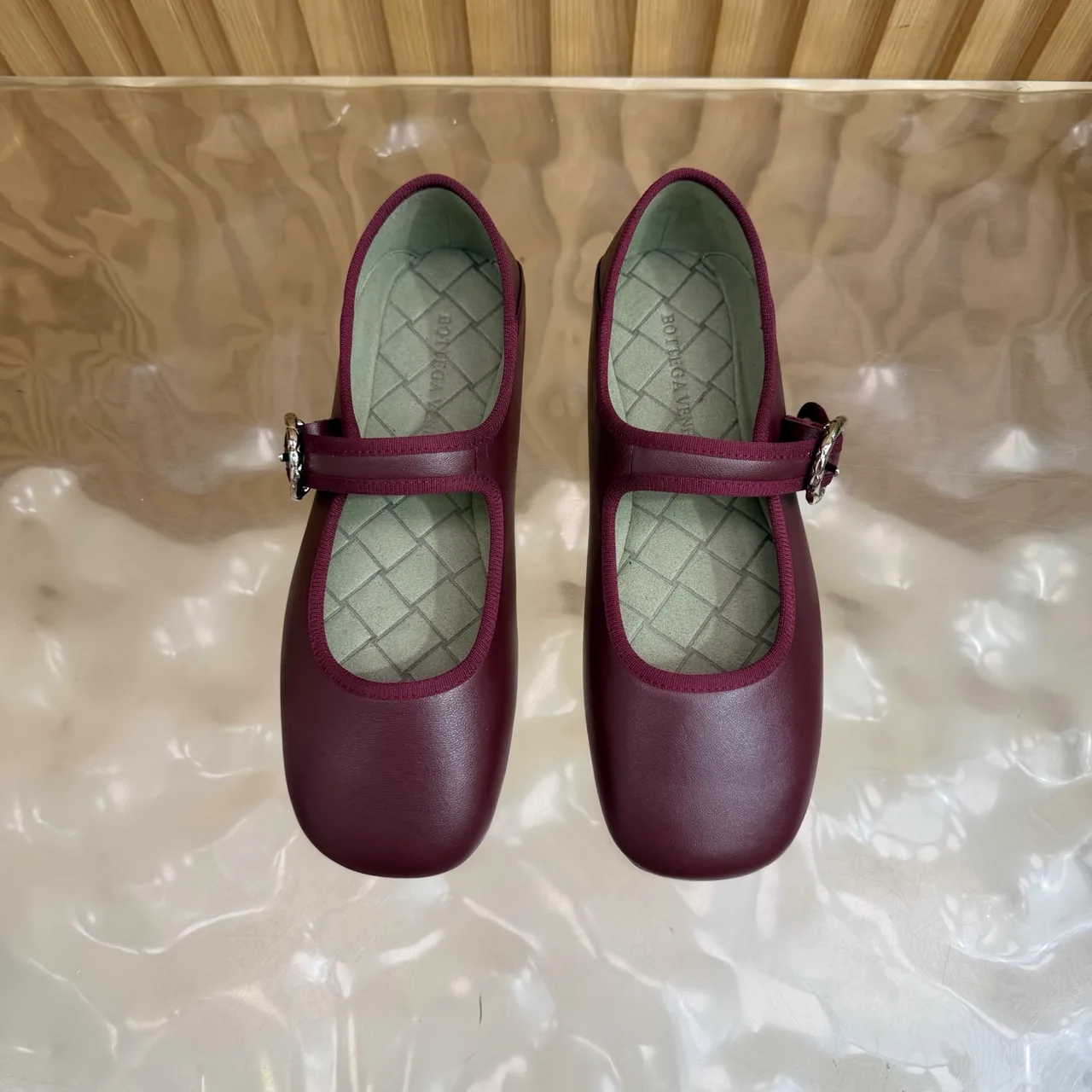 Bottega Veneta Sheepskin Quilted Glossy Buckle Mary Jane Flats in Burgundy · view 4