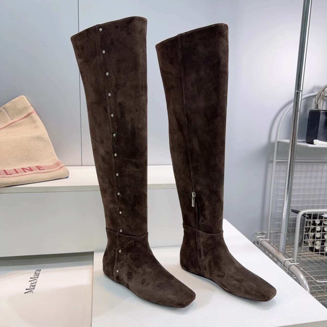 Max Mara Suede-Look Pointed-Toe Knee-High Boots in Brown · view 1