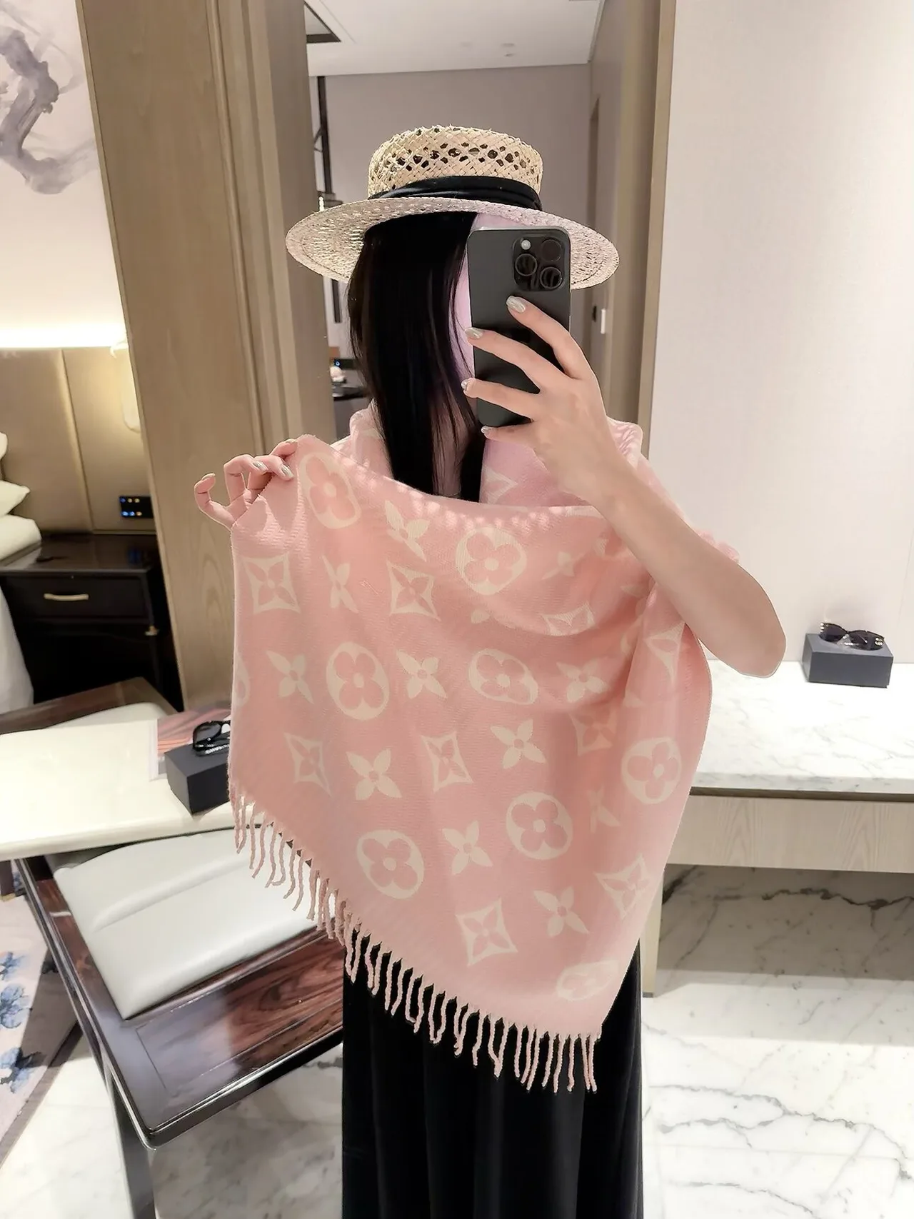 Louis Vuitton Reversible Monogram Shawl in Pink & Brown · view 3