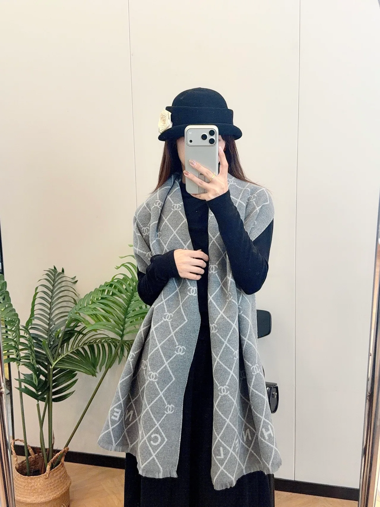 Chanel Diamond CC Fringe Scarf in Brown & Grey & Black & Beige · view 8