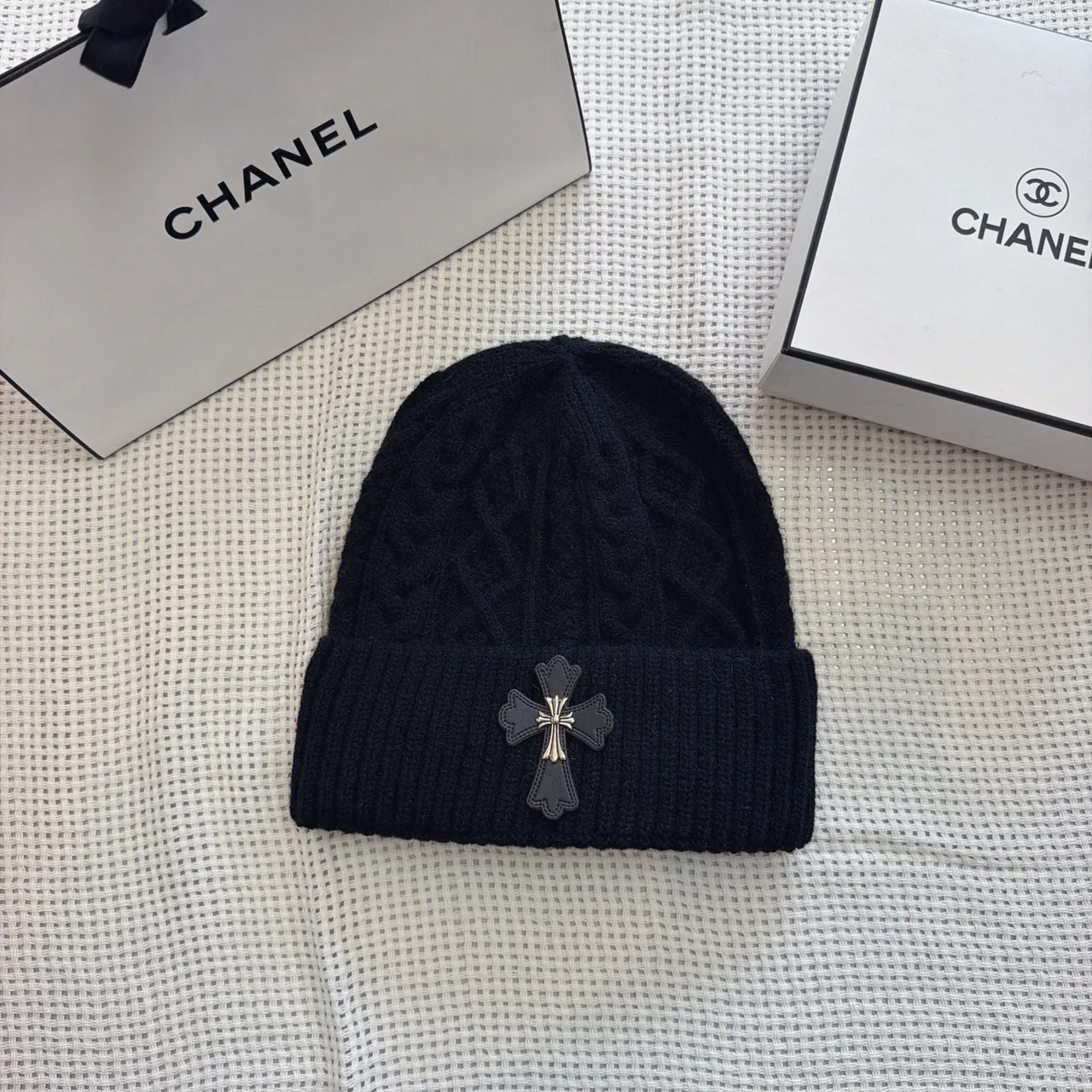 Chrome Hearts Cross-patch knit beanie in Black & White & Cream & Grey & Tan · view 1