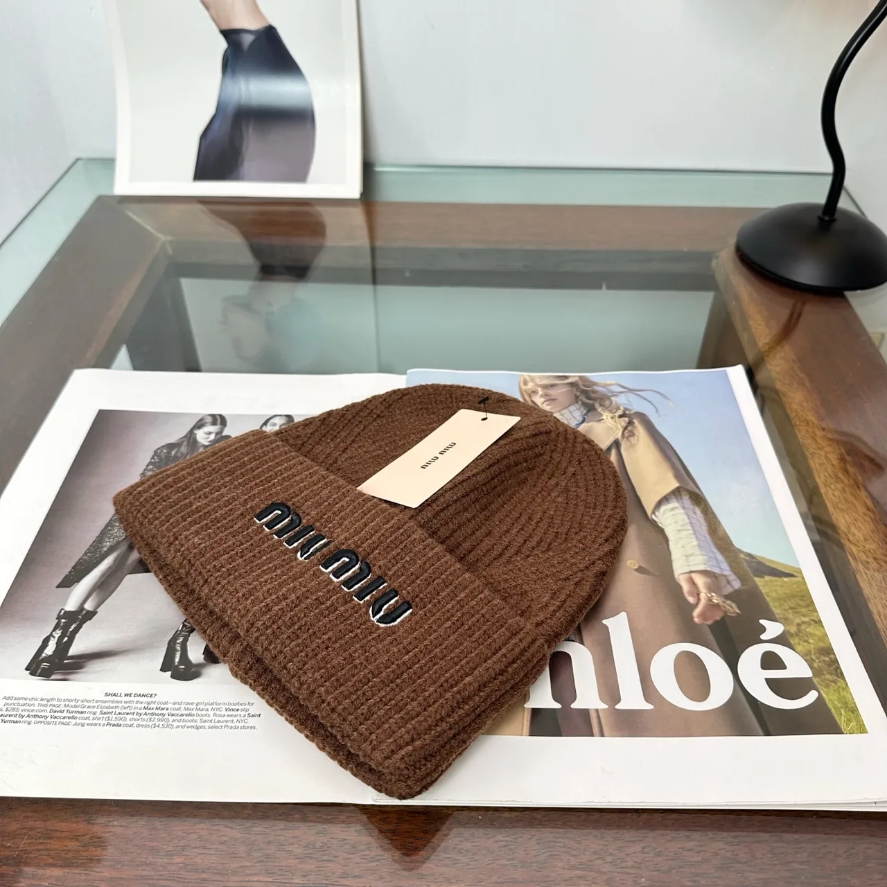 Miu Miu Logo knit beanie in Brown & Grey & Black & White & Beige · view 3