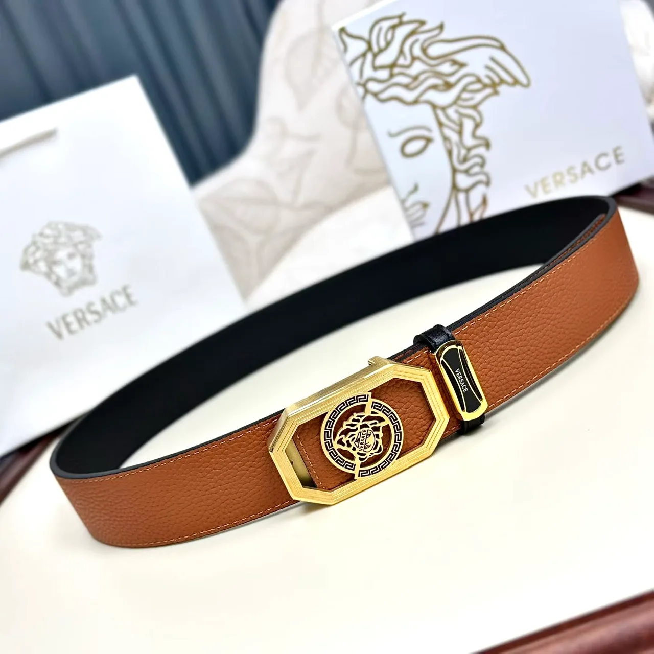 Versace Medallion buckle belt in Brown · view 4