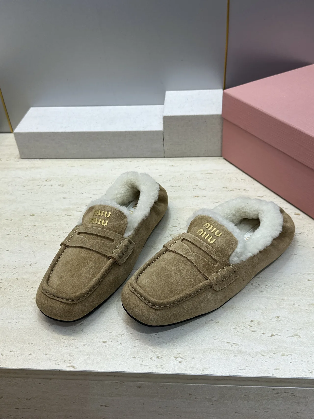 Miu Miu Round-Toe Slippers in Beige · view 3