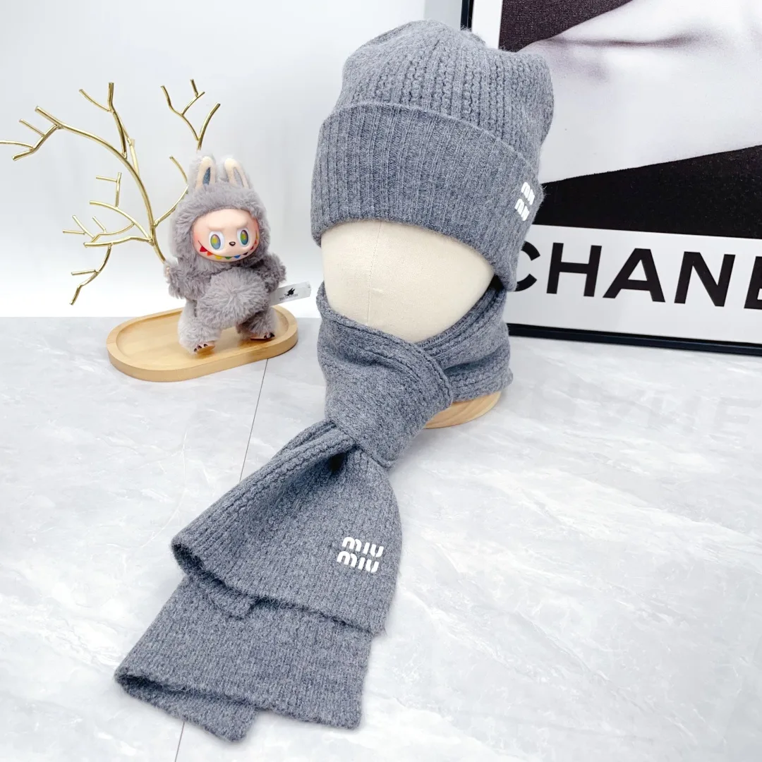 Miu Miu Wool Ribbed Hat Scarf and Gloves Set in Grey · view 2