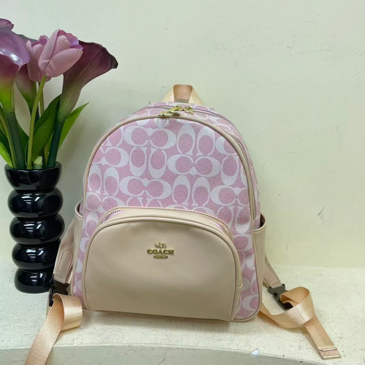 Coach Signature Backpack in Pink & Brown & Cream & Blue & Grey · view 1