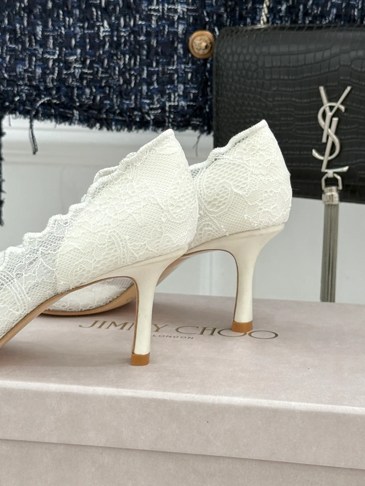Jimmy Choo Pointed-Toe Lace Heel Pumps in White · view 6
