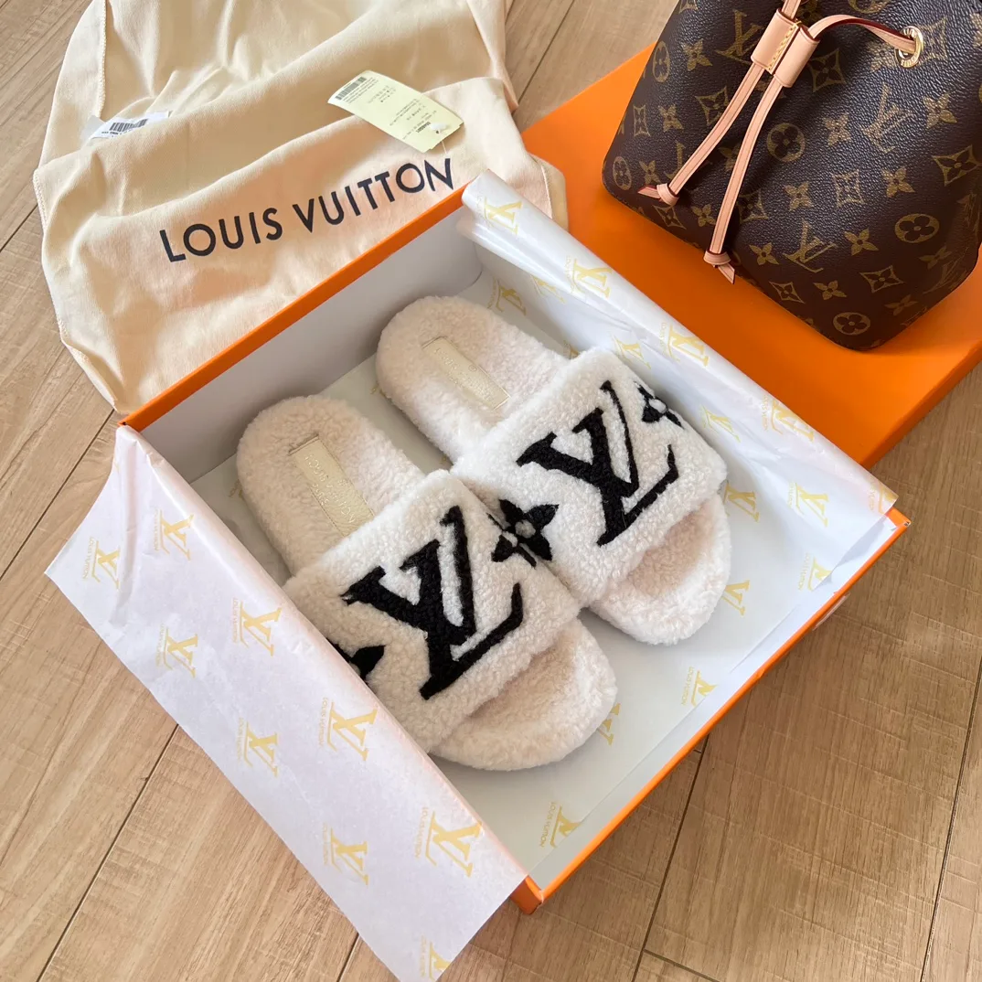 Louis Vuitton LV Plush Slides in Brown / Black / Pink / White / Grey / Green · view 5