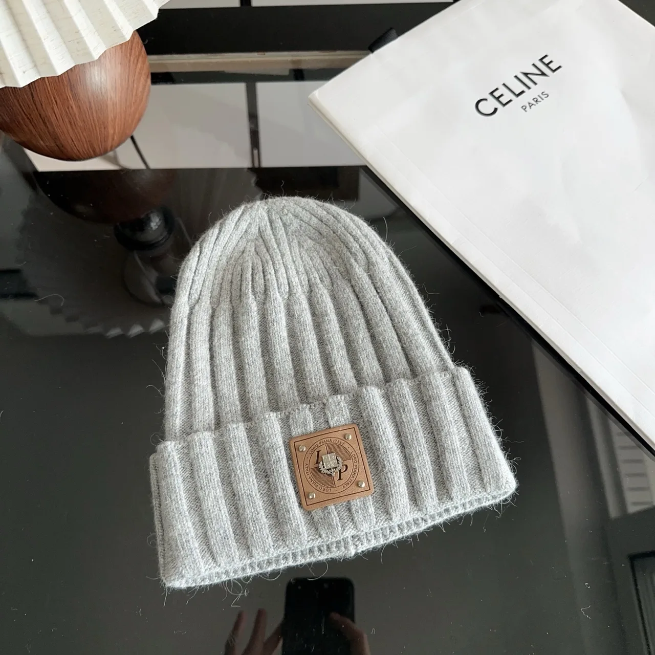 Celine Ribbed Beanie in Grey · view 4