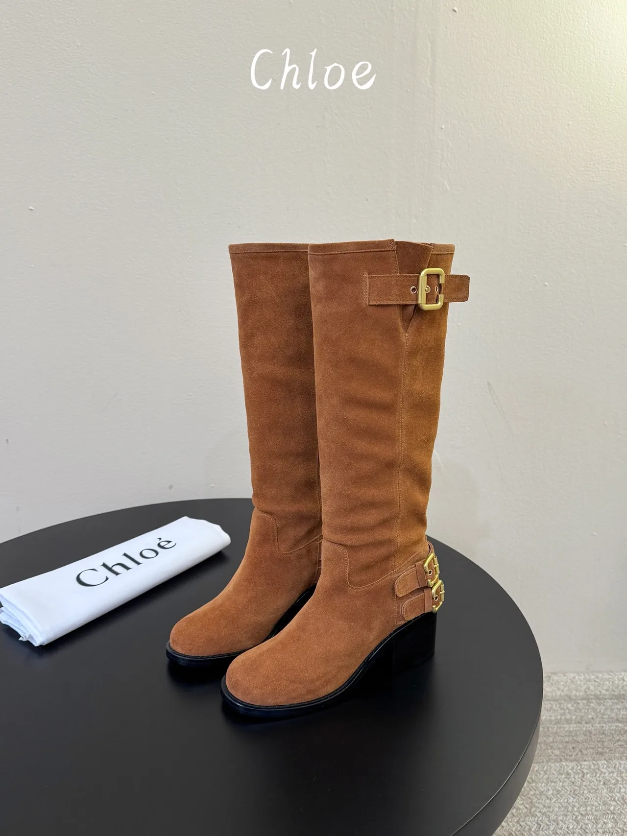 Chloe Cowhide Suede-Look Round-Toe Buckle Knee-High Boots in Brown · view 5
