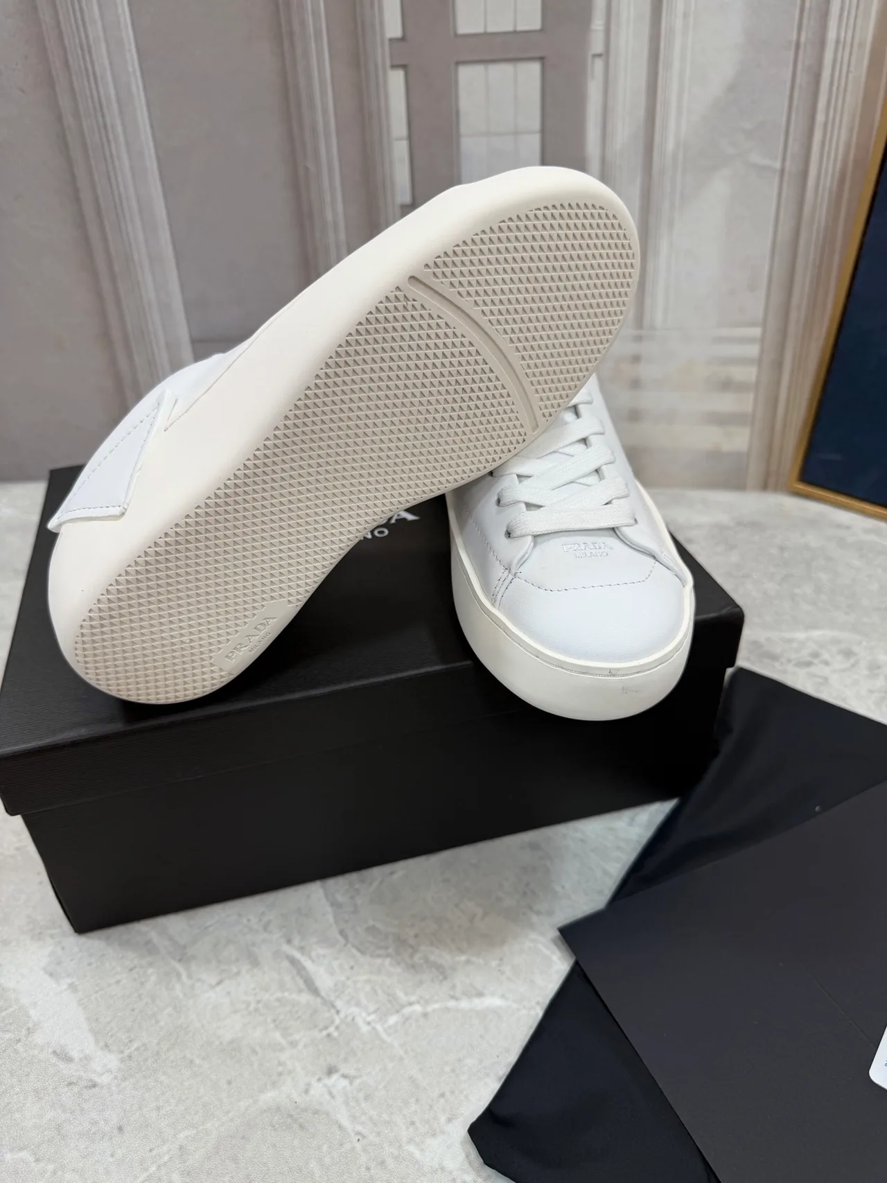 Prada Cowhide Smooth Low-Top Sneakers in White · view 4