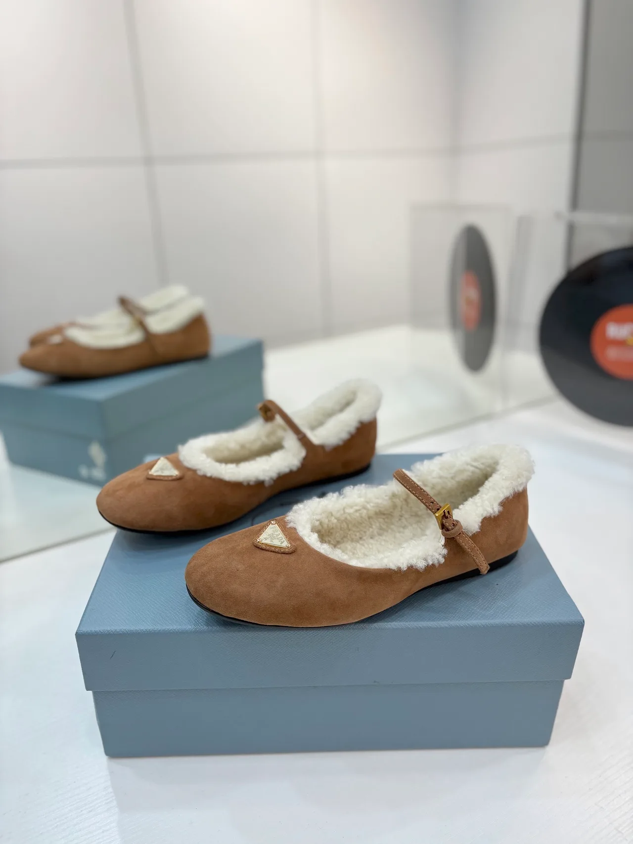 Prada Fur-Lined Mary Jane Flats in Brown · view 2