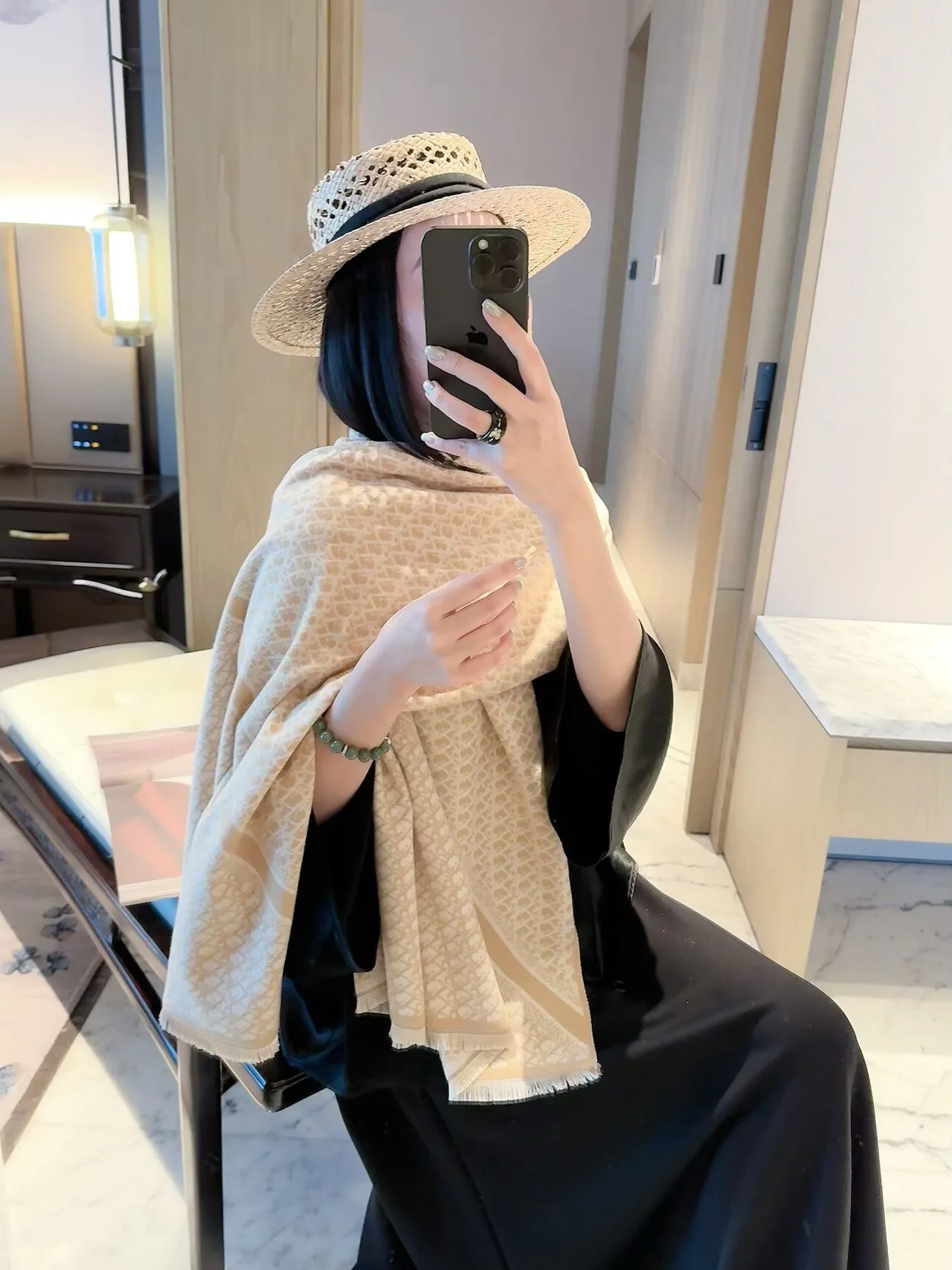 Dior CD pattern fringed scarf in Beige & Black · view 4