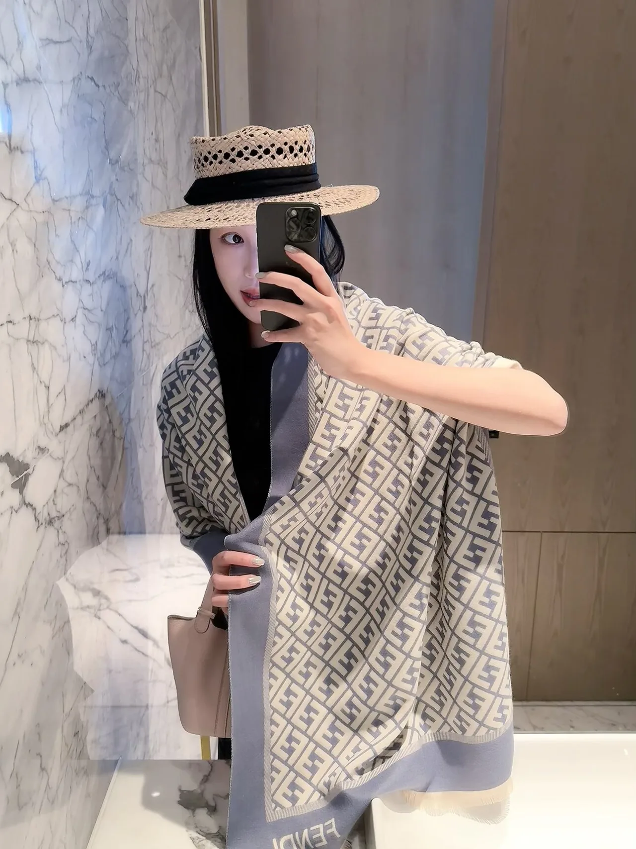 Fendi FF Jacquard Scarf in Blue & Black · view 4
