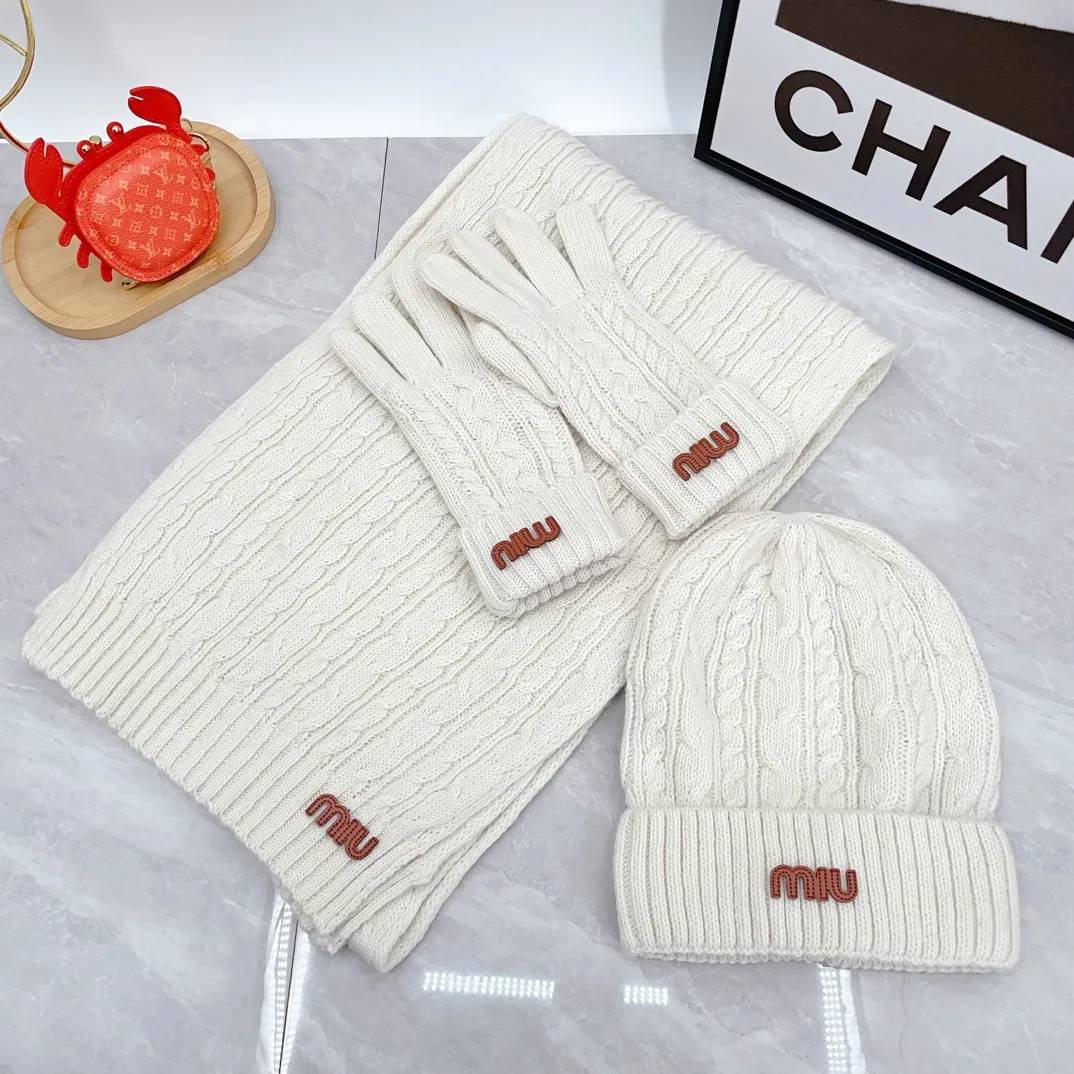 Miu Miu Wool Ribbed Hat Scarf and Gloves Set in White · view 2