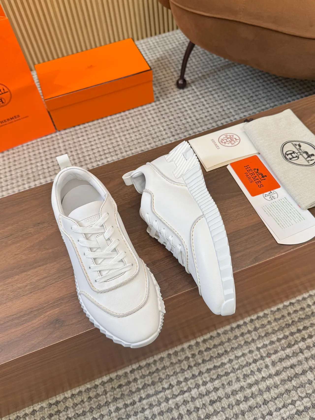 Hermes Smooth Lace-Up Sneakers in White · view 5