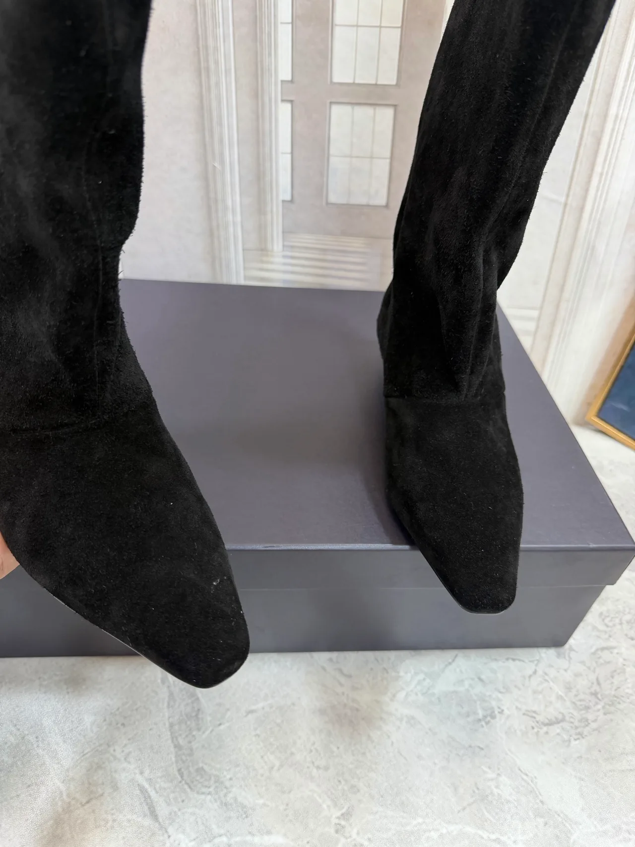 Suede-Look Pointed-Toe Knee-High Block-Heel Boots in Black · view 5