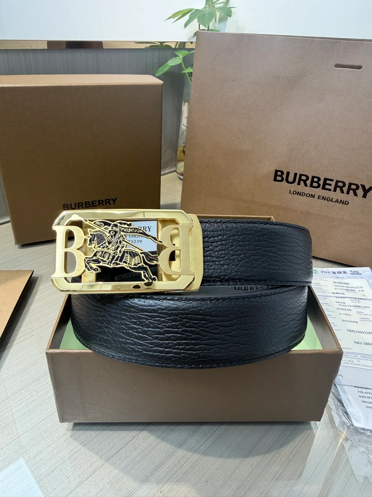 Burberry Calfskin Glossy Belt in Black · view 2