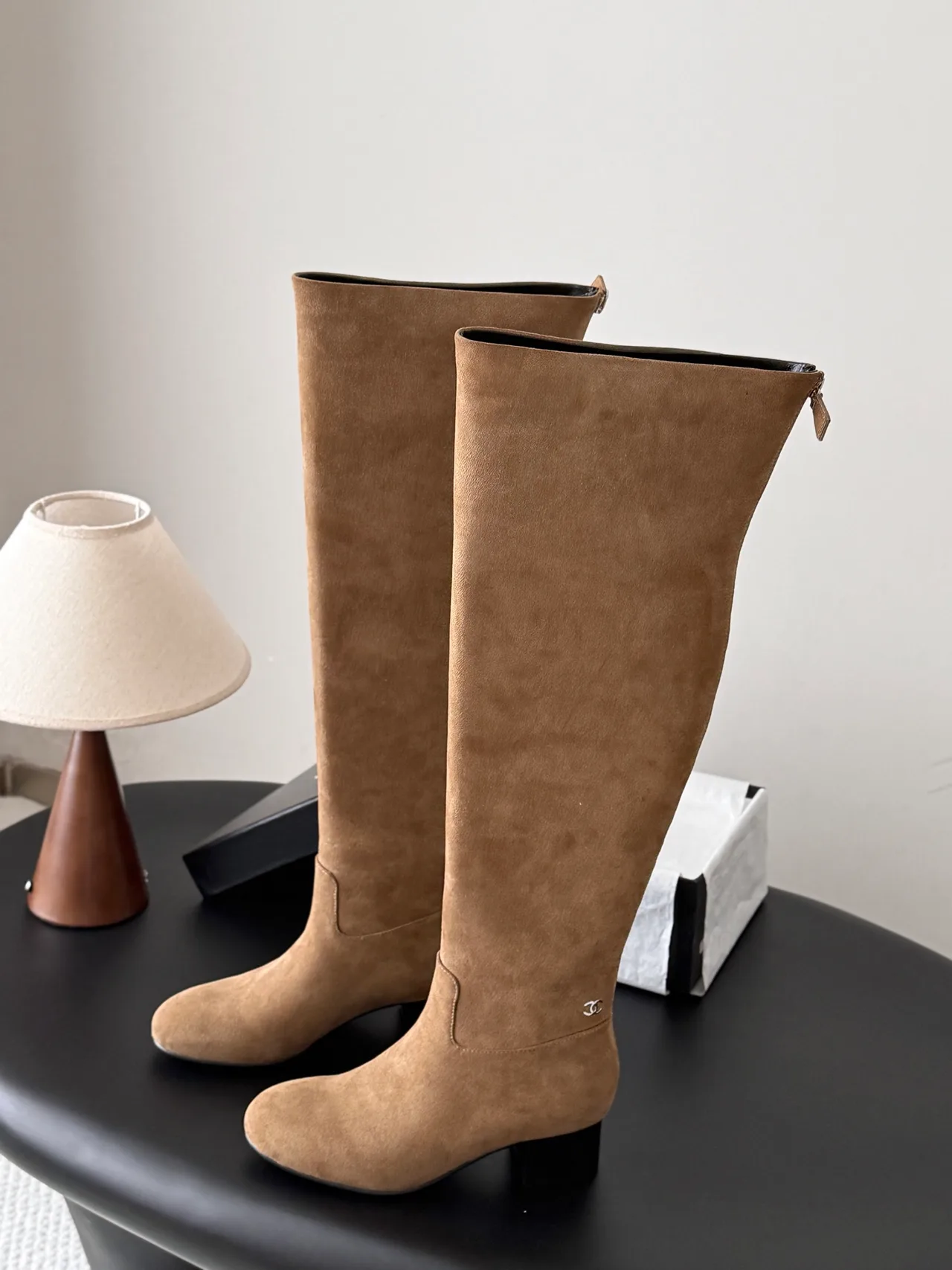Chanel Sheepskin Matte Suede-Look Knee-High Boots in Tan · view 2
