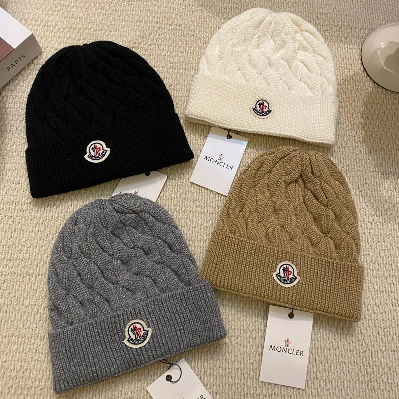 Moncler Beanie in White & Black & Grey & Tan · view 6