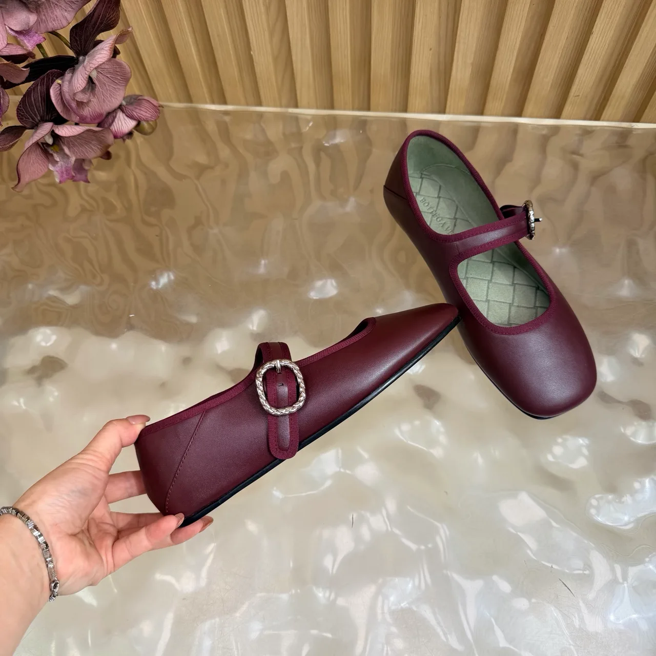Bottega Veneta Sheepskin Quilted Glossy Buckle Mary Jane Flats in Burgundy · view 7