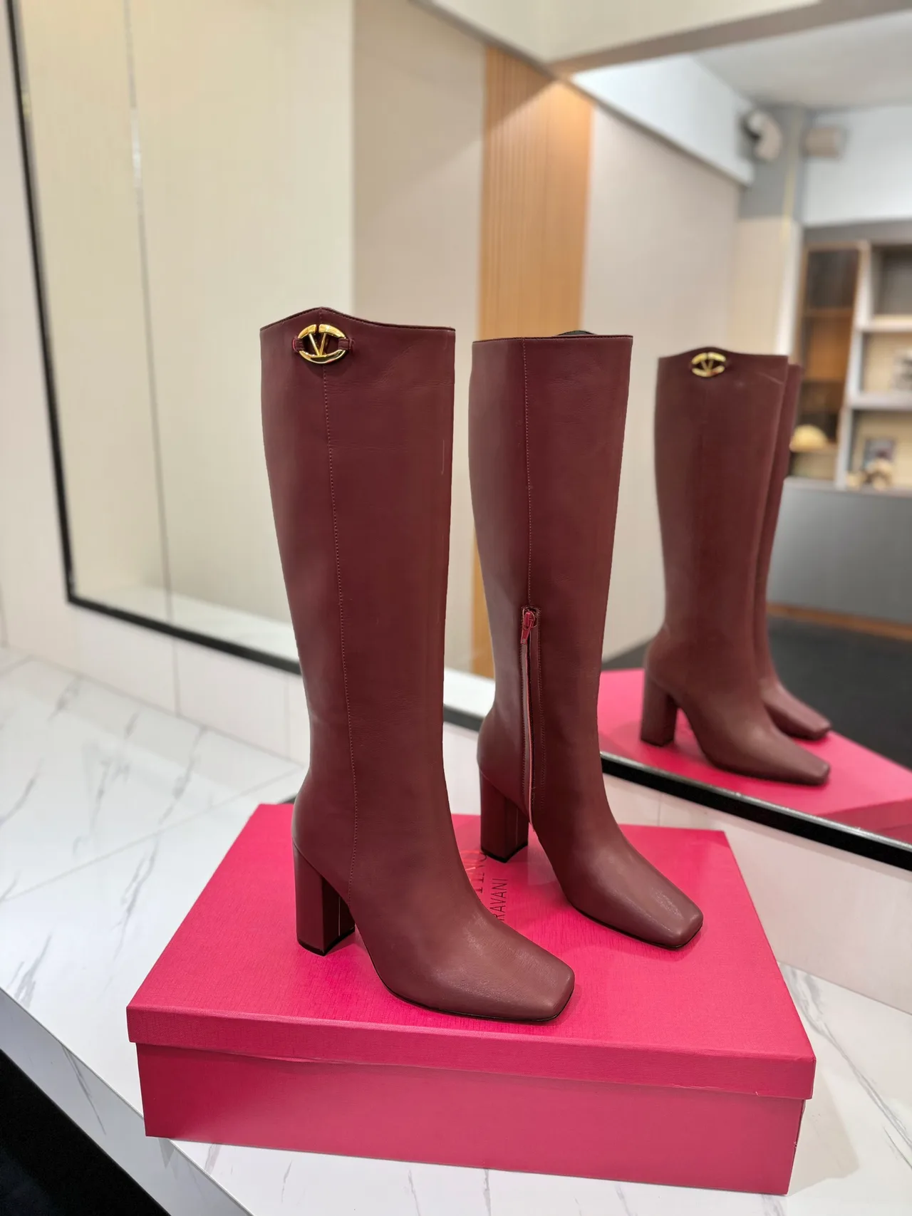 Valentino Cowhide Glossy Square-Toe Knee-High Boots in Burgundy · view 1