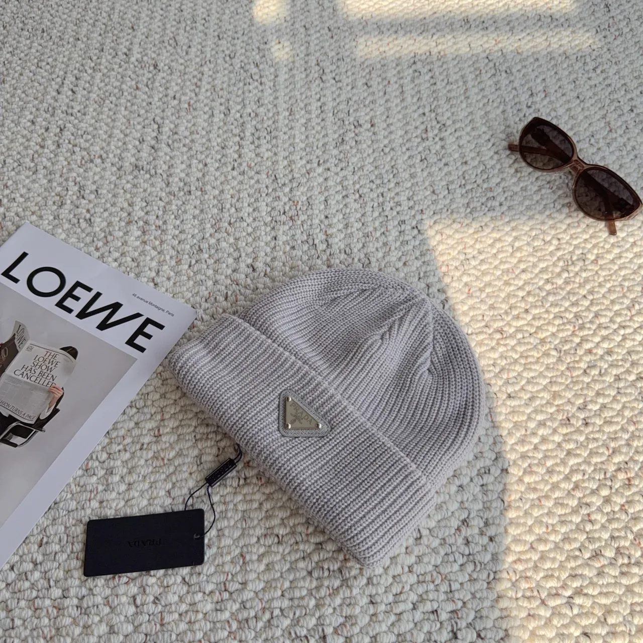 Prada Ribbed Knit Beanie in Grey · view 4