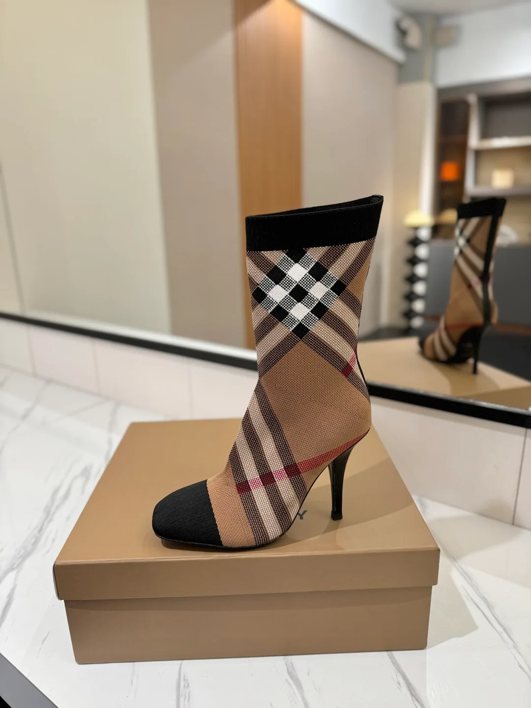 Burberry Check Knee-High Boots in Beige · view 4
