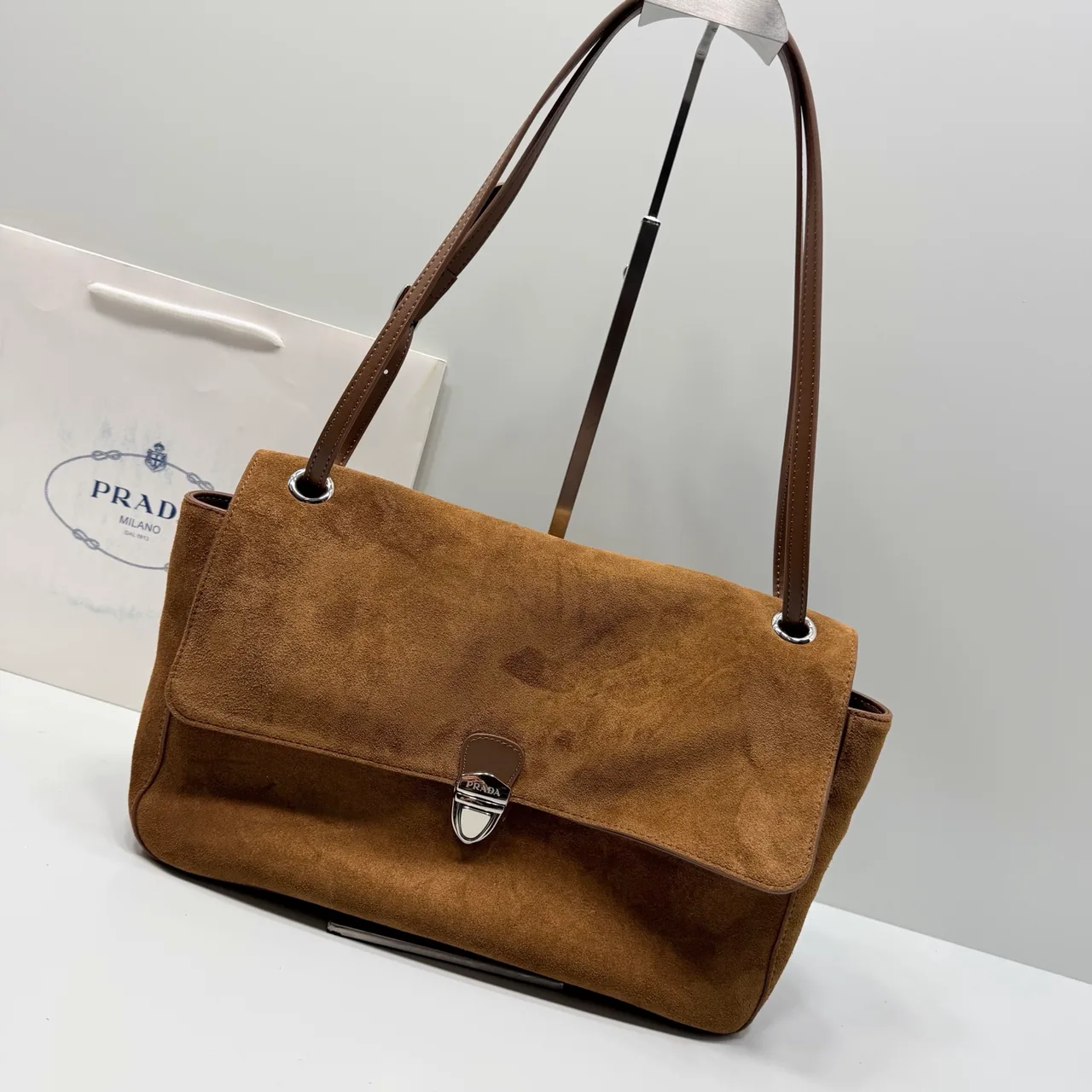 Prada Suede-Look Flap Shoulder Bag in Brown · view 2